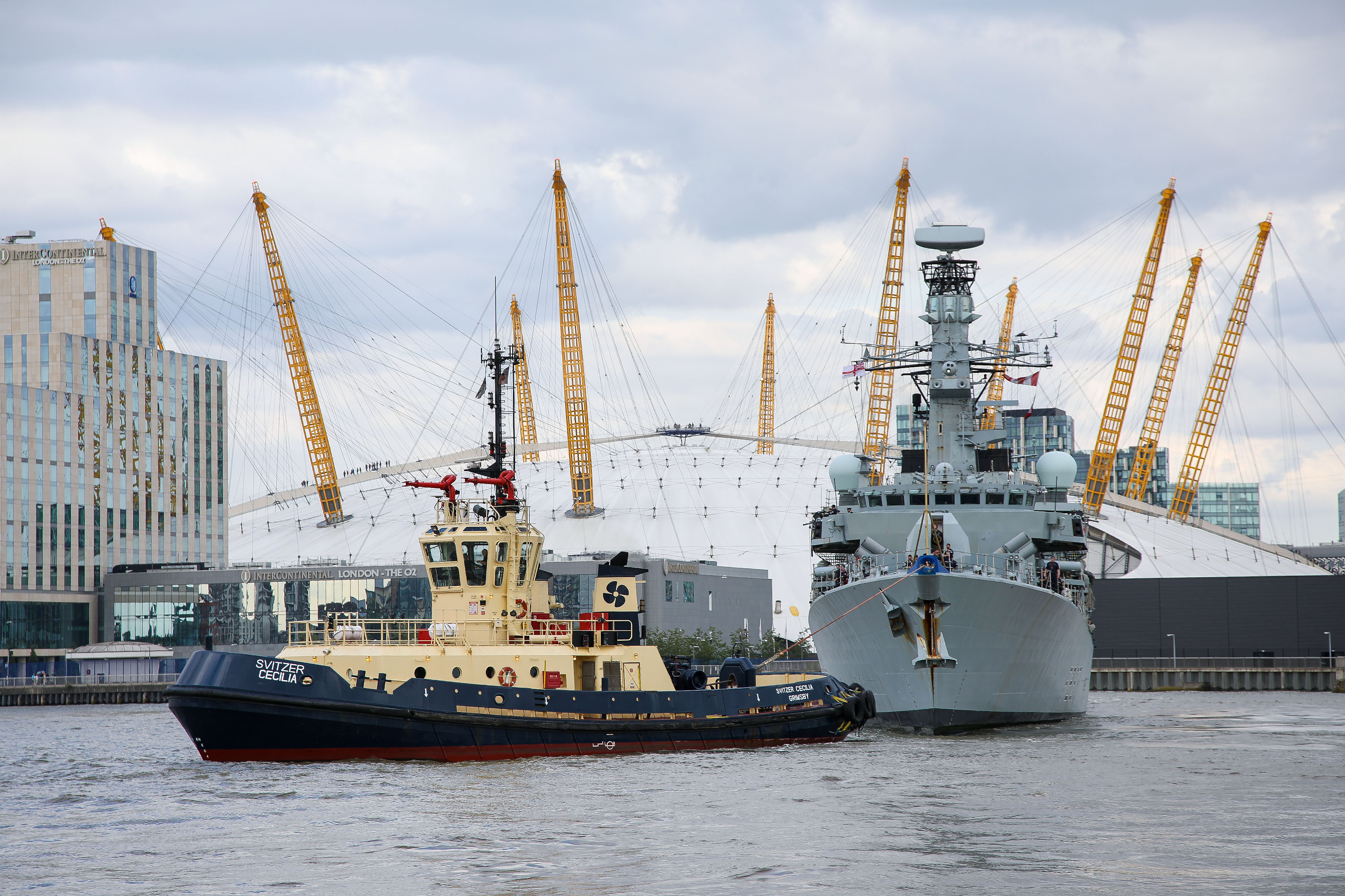 HMS Westminster in front of the O2 arena before docking at West India Docks in London 050819 CREDIT MOD