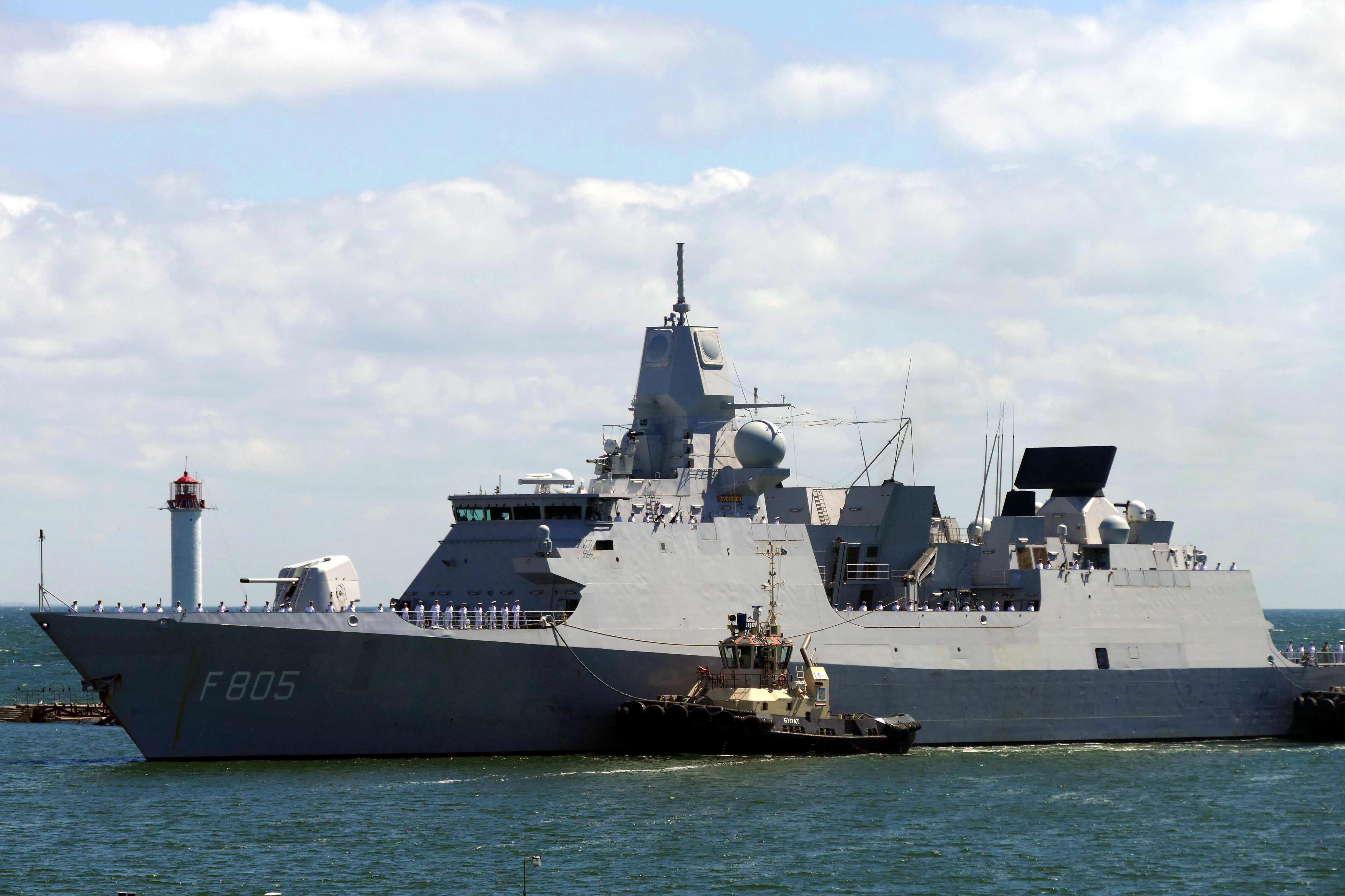 HNLMS Evertsen (F805) frigate of the Royal Netherlands Navy arrives at the port of Odesa, Ukraine