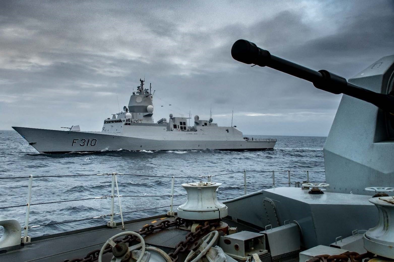 HNoMS Fridtjof Nansen from HMS Lancaster on approach to the Arctic Circle (Picture: Crown Copyright).