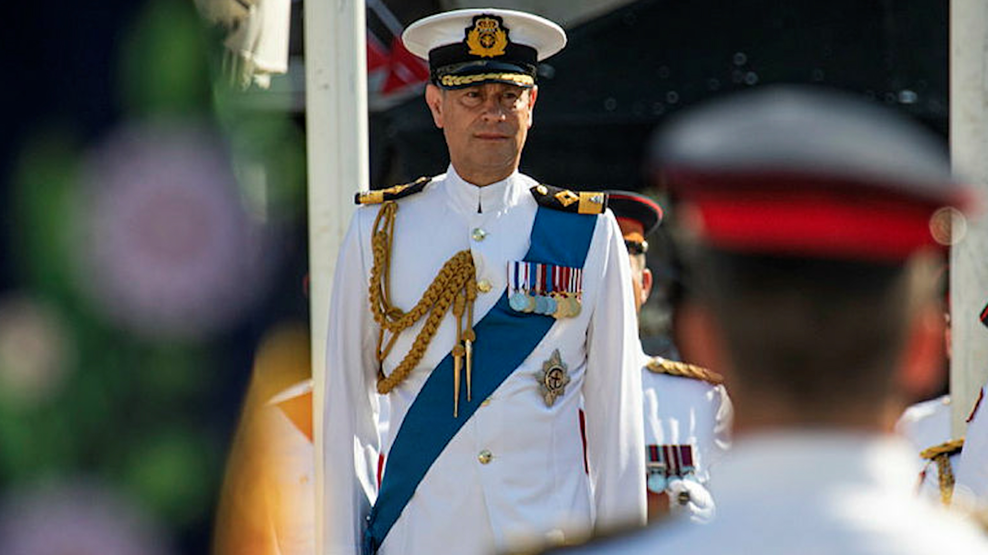 HRH Prince Edward on the Dias watching the The Queen’s Birthday Parade Royal Gibraltar Regiment 09062022 CREDIT MOD Crown Copy