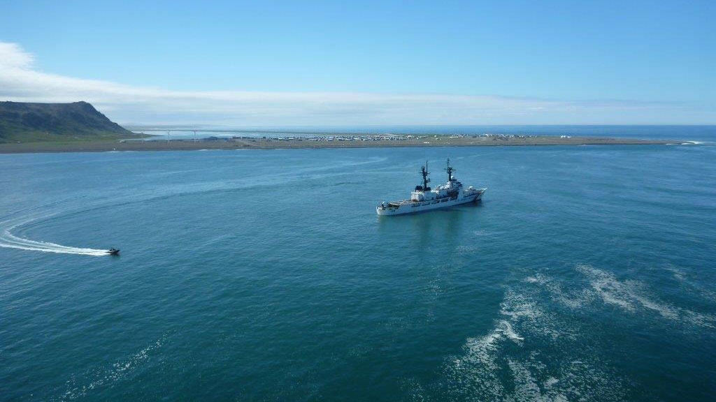 Hamilton-class high endurance cutter USCGC Sherman anchors off Gambell, Alaska, in June 2017