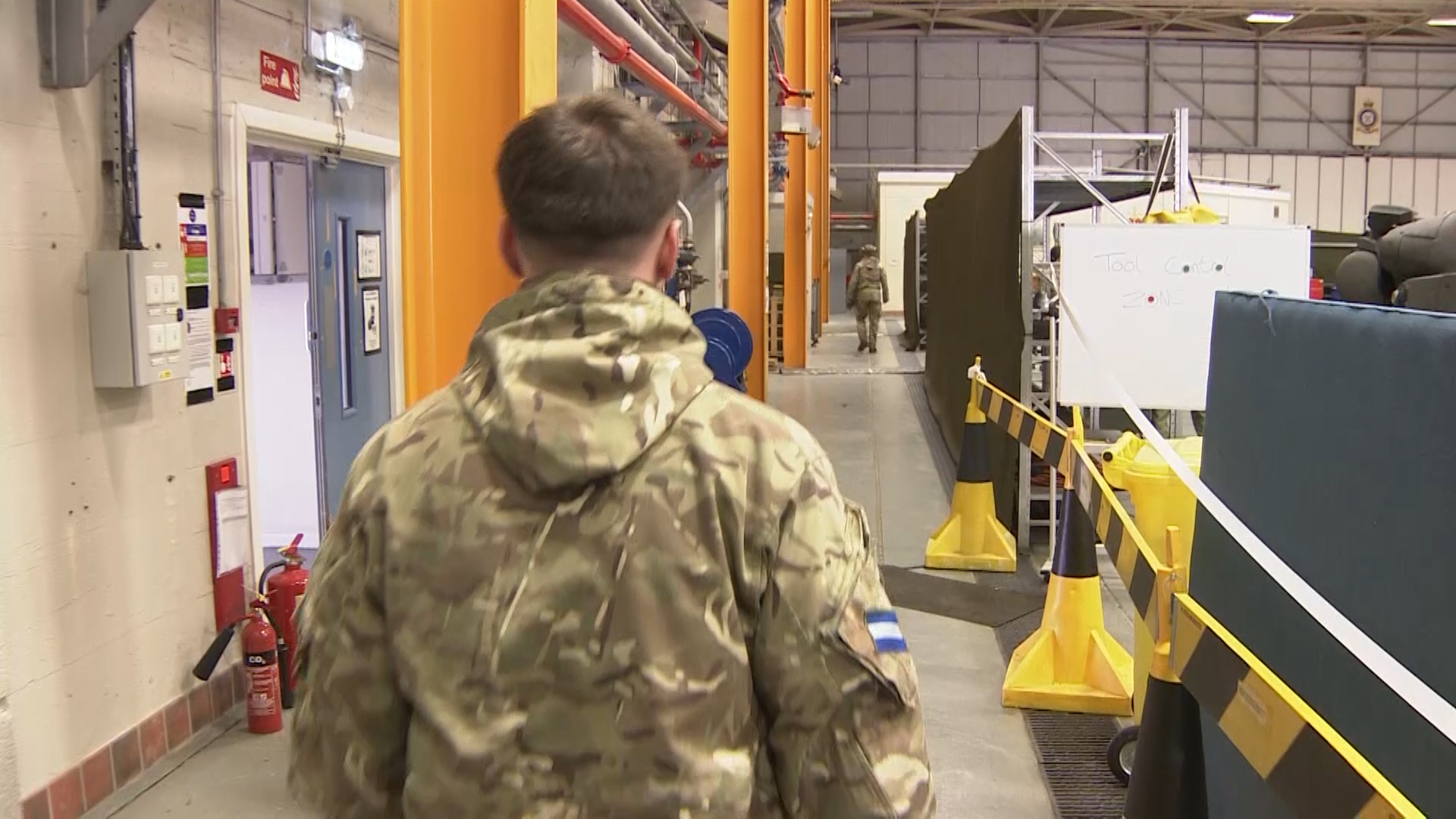 Hangar at Wattisham Airfield with lining and one-way system coronavirus pandemic 180520 credit bfbs.jpg 
