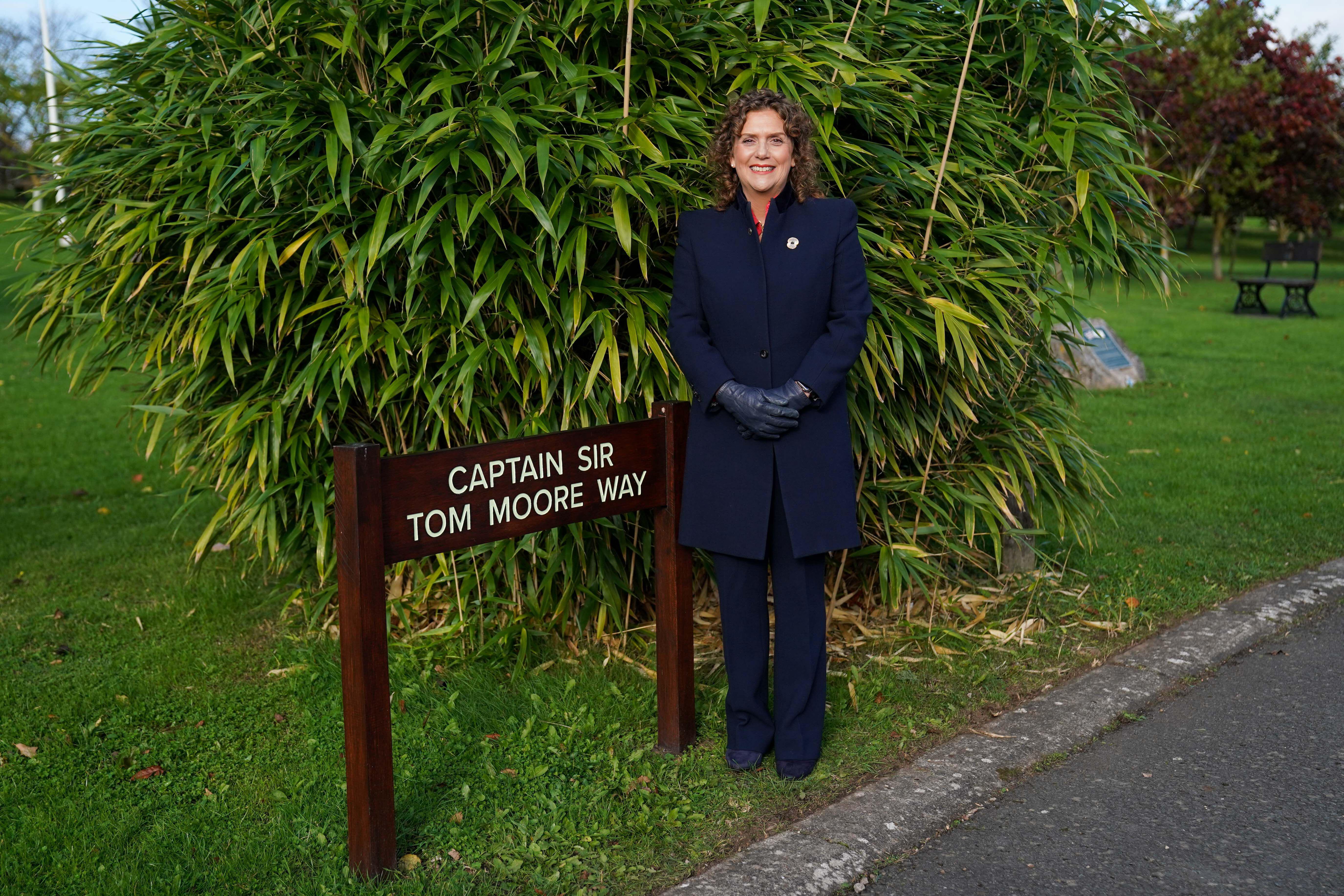 Hannah Ingram-Moore, daughter of Captain Sir Tom Moore, during a visit to the National Memorial Arboretum in Alrewas, Staffordshire, to view Captain Sir Tom Moore Way