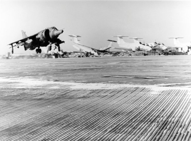 A Harrier GR3 taking off from Port Stanley in 1982 during the Falklands War (Picture: Crown Copyright).