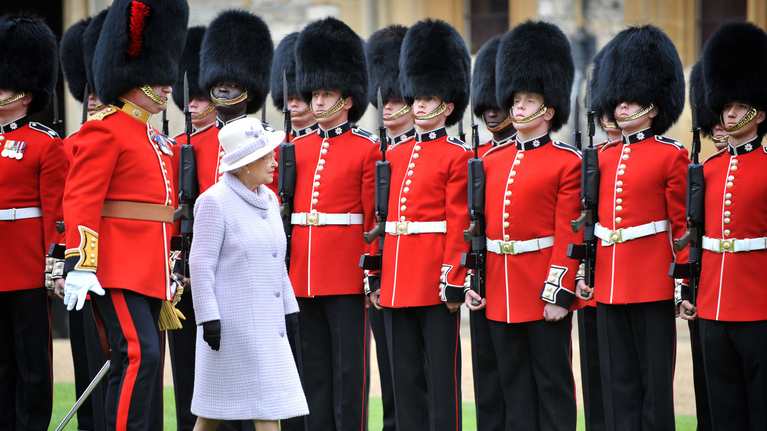 Her Majesty Queen Elizabeth II inspects the Guardsmen of 1st Battalion Coldstream guards and No 7 Company Coldstream guards in Windsor Castle May 2012 CREDIT Crown Copyright