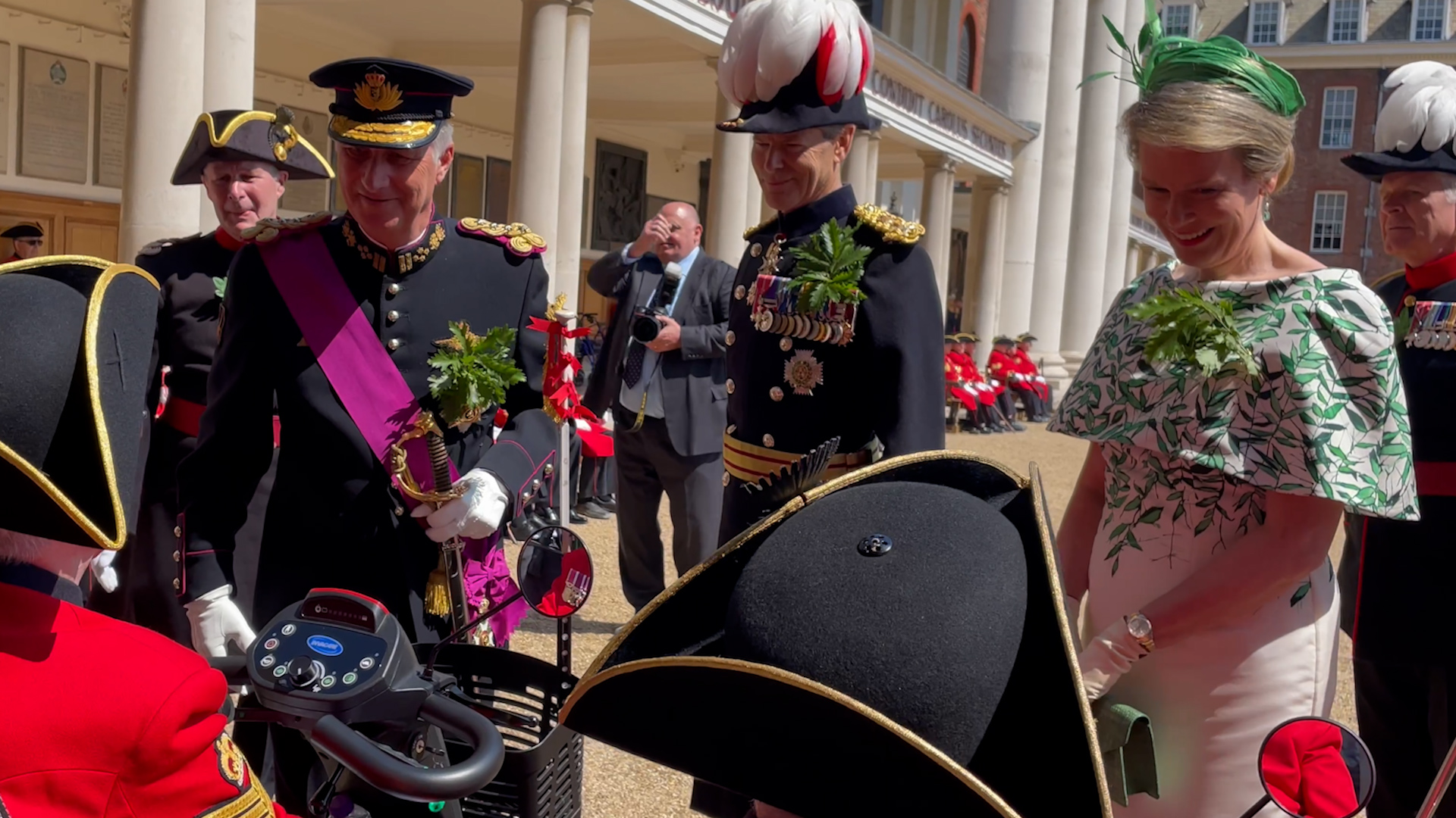 His Majesty the King of the Belgians and his wife Queen Mathilde greeting Chelsea Pensioners Founders Day 08062023 CREDIT BFBS
