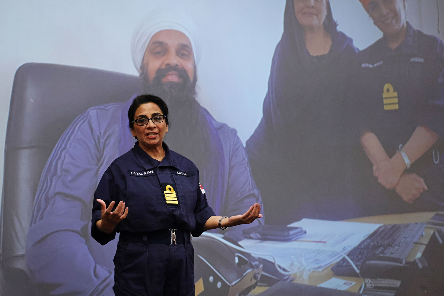 Honorary Captain Durdan Ansari addressing the audience at the launch of the Royal Navy Race and Diversity Network