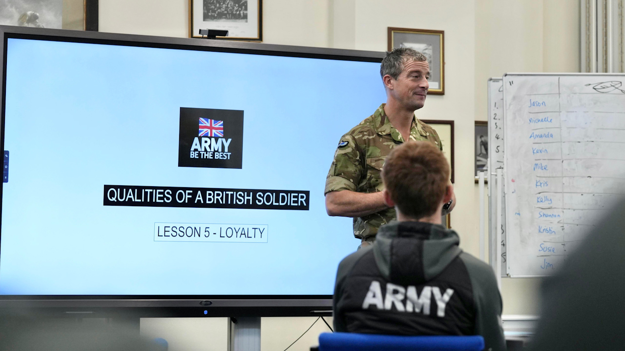 Honorary Colonel Bear Grylls pictured during his talk with junior soldiers at Harrogate (Picture: AFC Harrogate)
