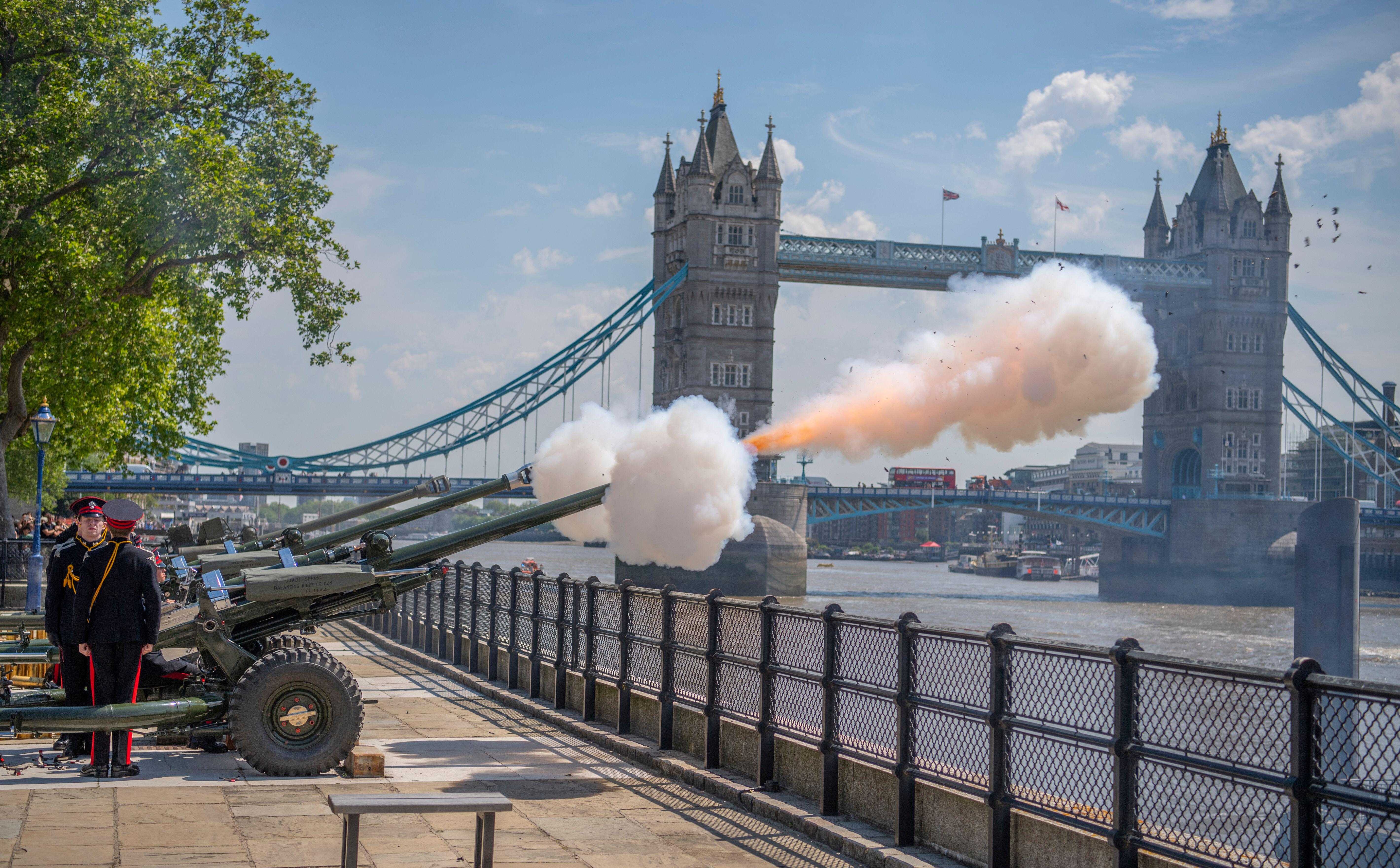 Honourable Artillery Company Army troops perform gun salute for Queen's coronation anniversary at Tower of London
