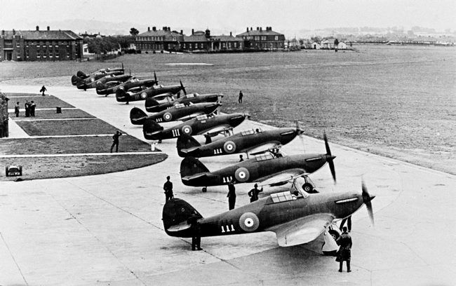 Hurricanes from 111 Squadron lined up at RAF Northolt