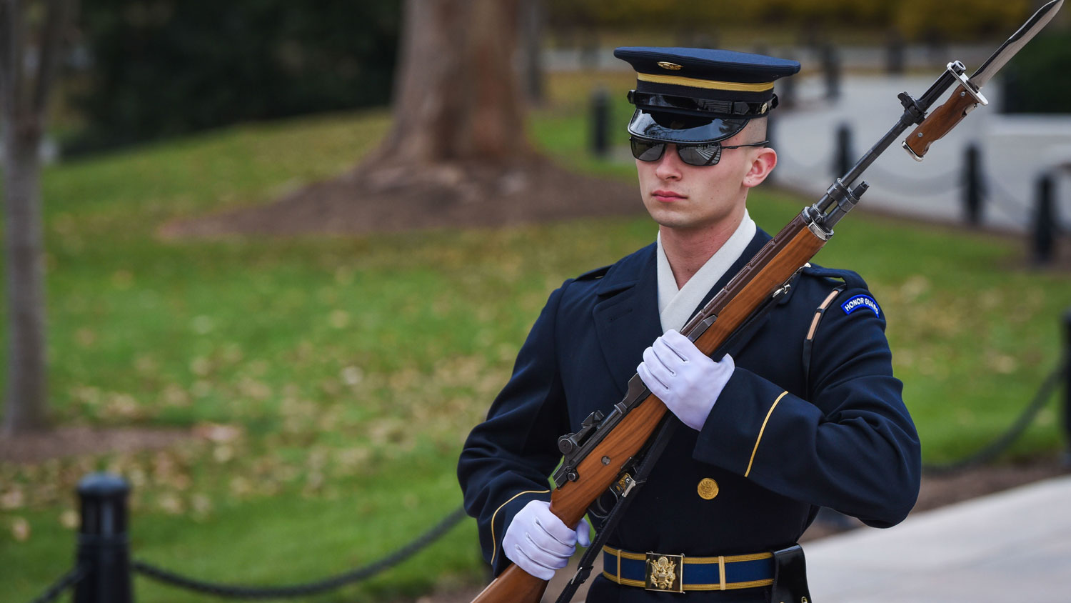 Image ID 7560376 Tomb Guard US Army Private First Class Jeffrey Potter readies his M14 rifle for inspection before assuming his post at the Tomb of the Unknown Soldier in December 2022 CREDIT US Army National Guard