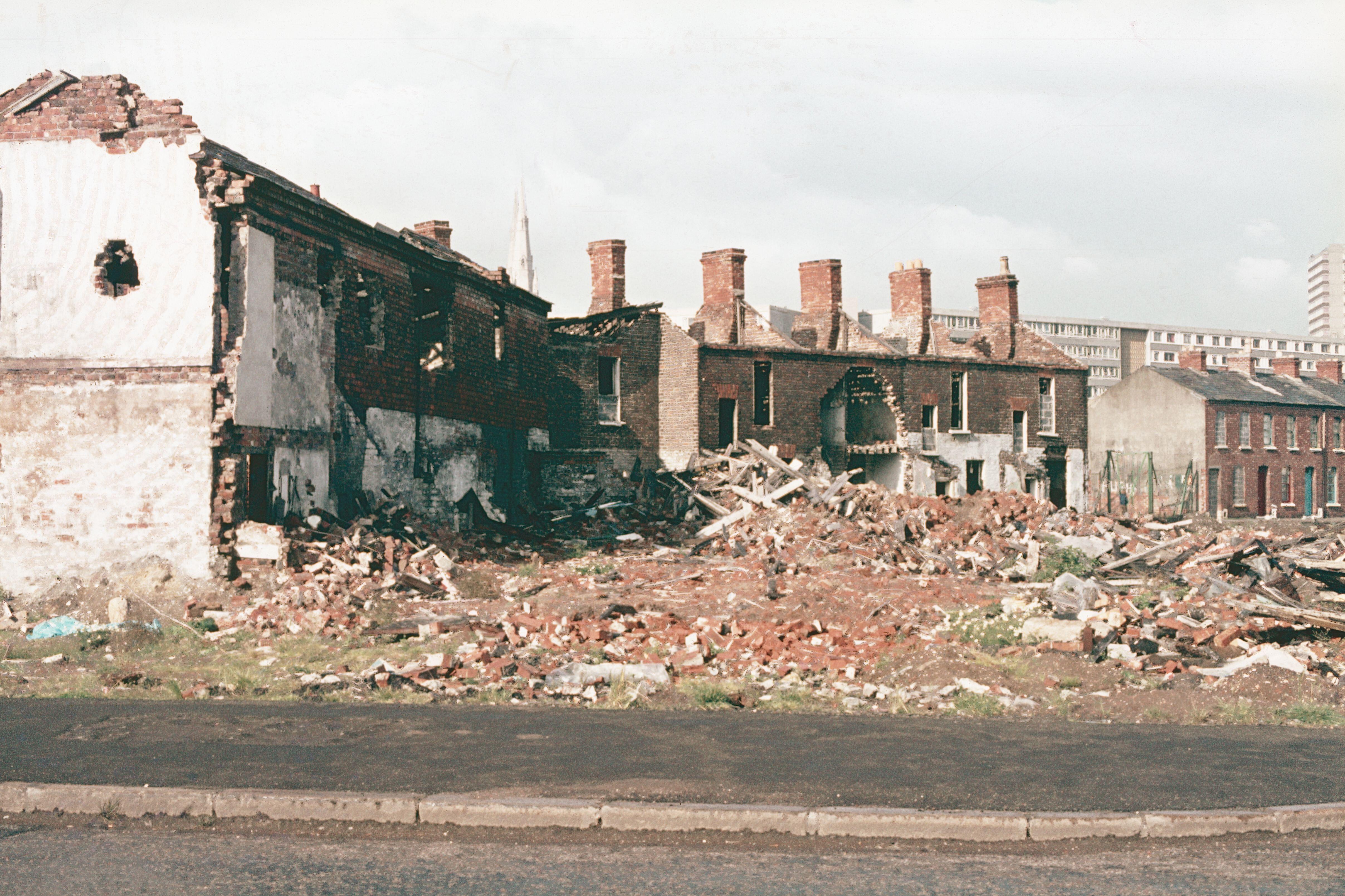 Damaged houses in Belfast in the 1970s during the Troubles
