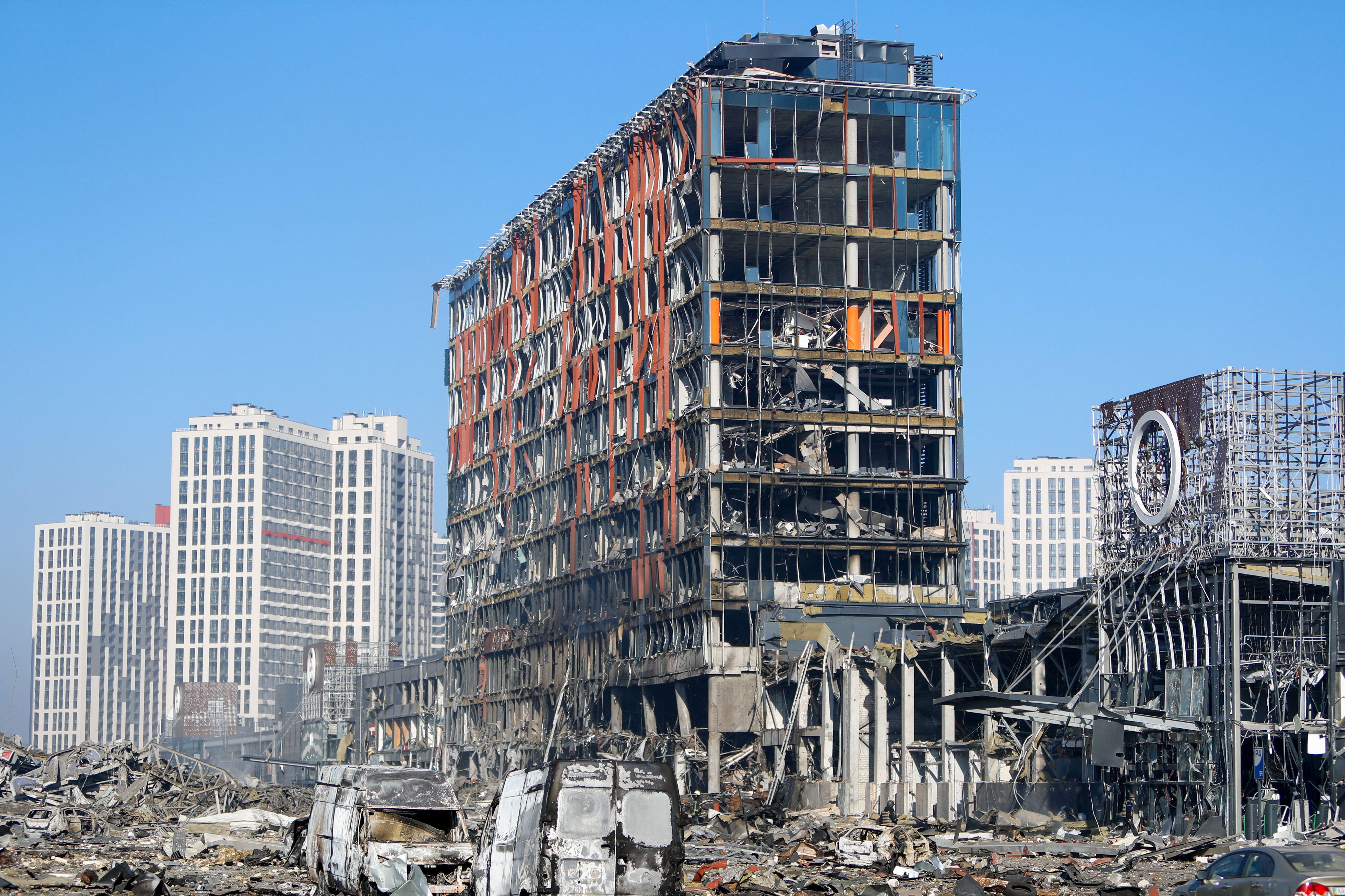 Wreckage of a damaged shopping mall in the Podilskyi district of Kyiv, Ukraine, by Russian air strikes in March (Picture: © Daniel Ceng Shou-Yi/Zuma Press Wire/Zuma Press Inc/Alamy Live News).