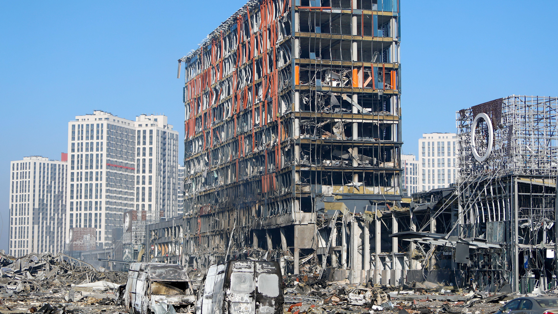 Wreckage of a damaged shopping mall in the Podilskyi district of Kyiv, Ukraine, by Russian air strikes (Picture: © Daniel Ceng Shou-Yi/Zuma Press Wire/Zuma Press Inc/Alamy Live News).