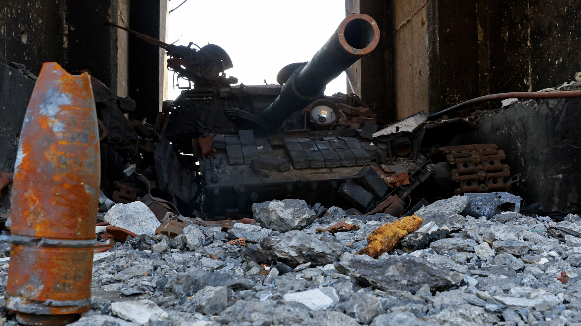 A destroyed tank in Sievierodonetsk in Luhansk