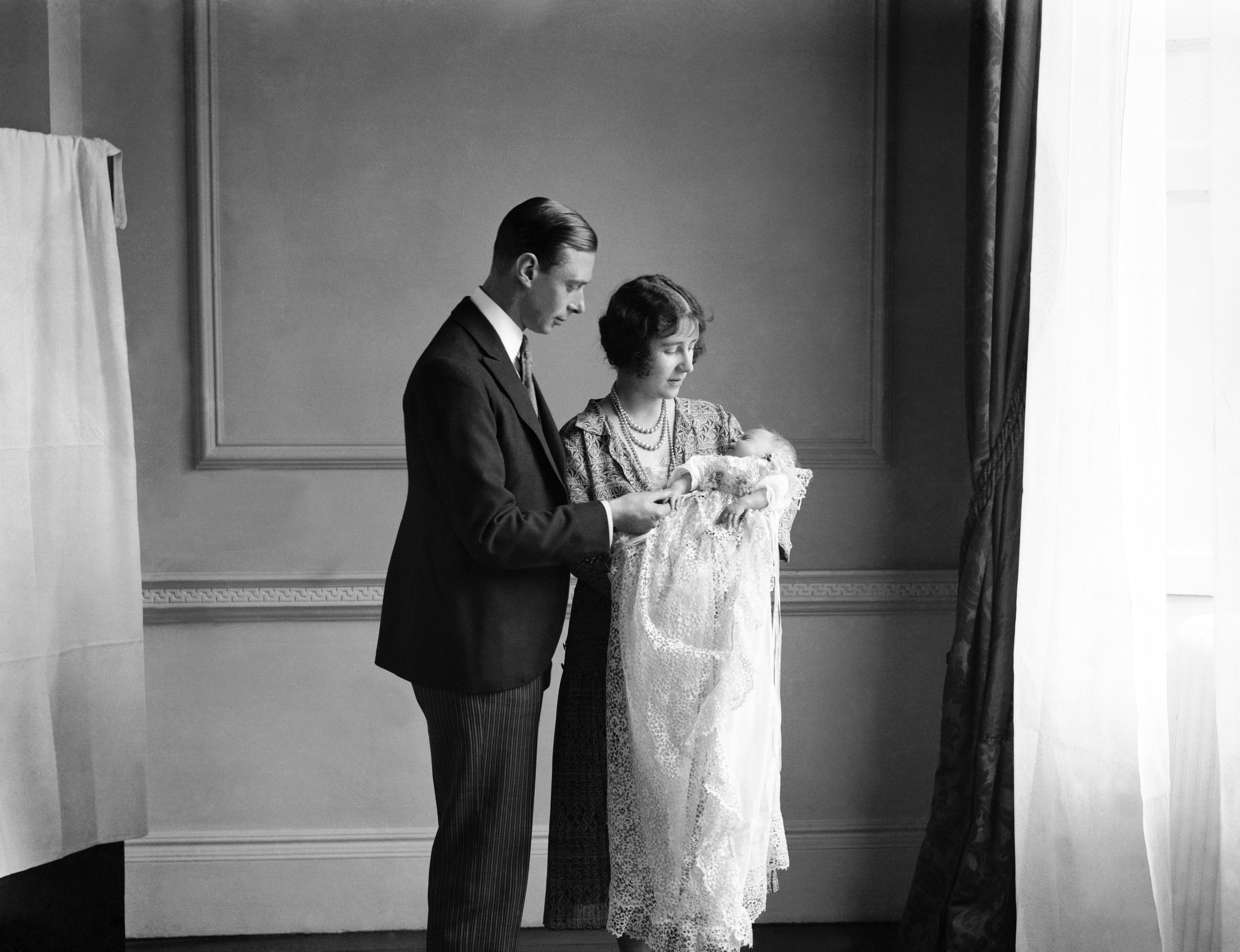 Queen Mother and King George VI with baby Queen Elizabeth II then Princess Elizabeth at her May 1926 christening