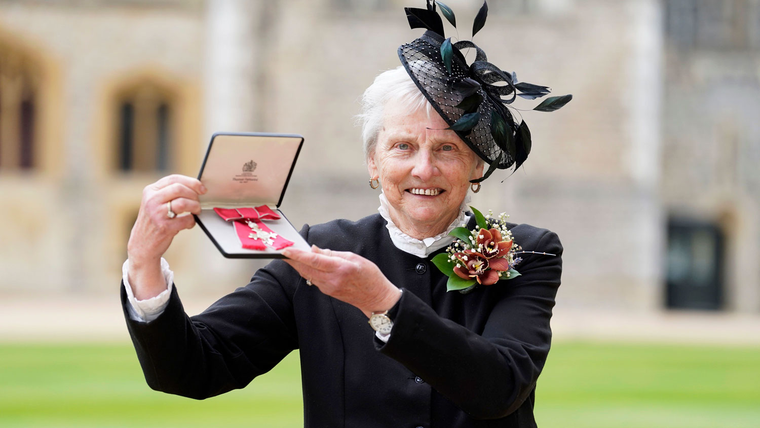 Image ID 2NW66KA Faith Rutterford after being made a Member of the Order of the British Empire MBE by the Princess Royal in an investiture ceremony at Windsor Castle 28 February 2023 CREDIT PA Images Alamy Stock Photo EXP 01.03.24