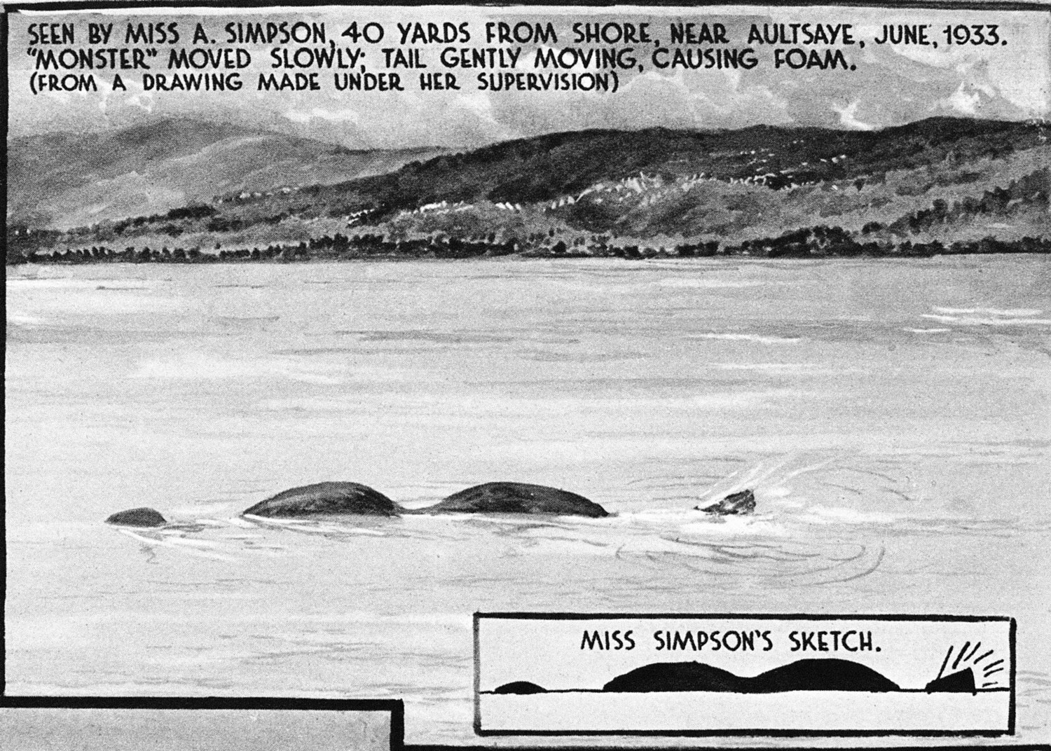 Image ID FF65TJ An artist's rendition of the Loch Ness Monster after a sketch by witness, Miss A Simpson, 40 yards from shore in June 1933 CREDIT GRANGER - Historical Picture Archive Alamy Stock Photo exp 231124