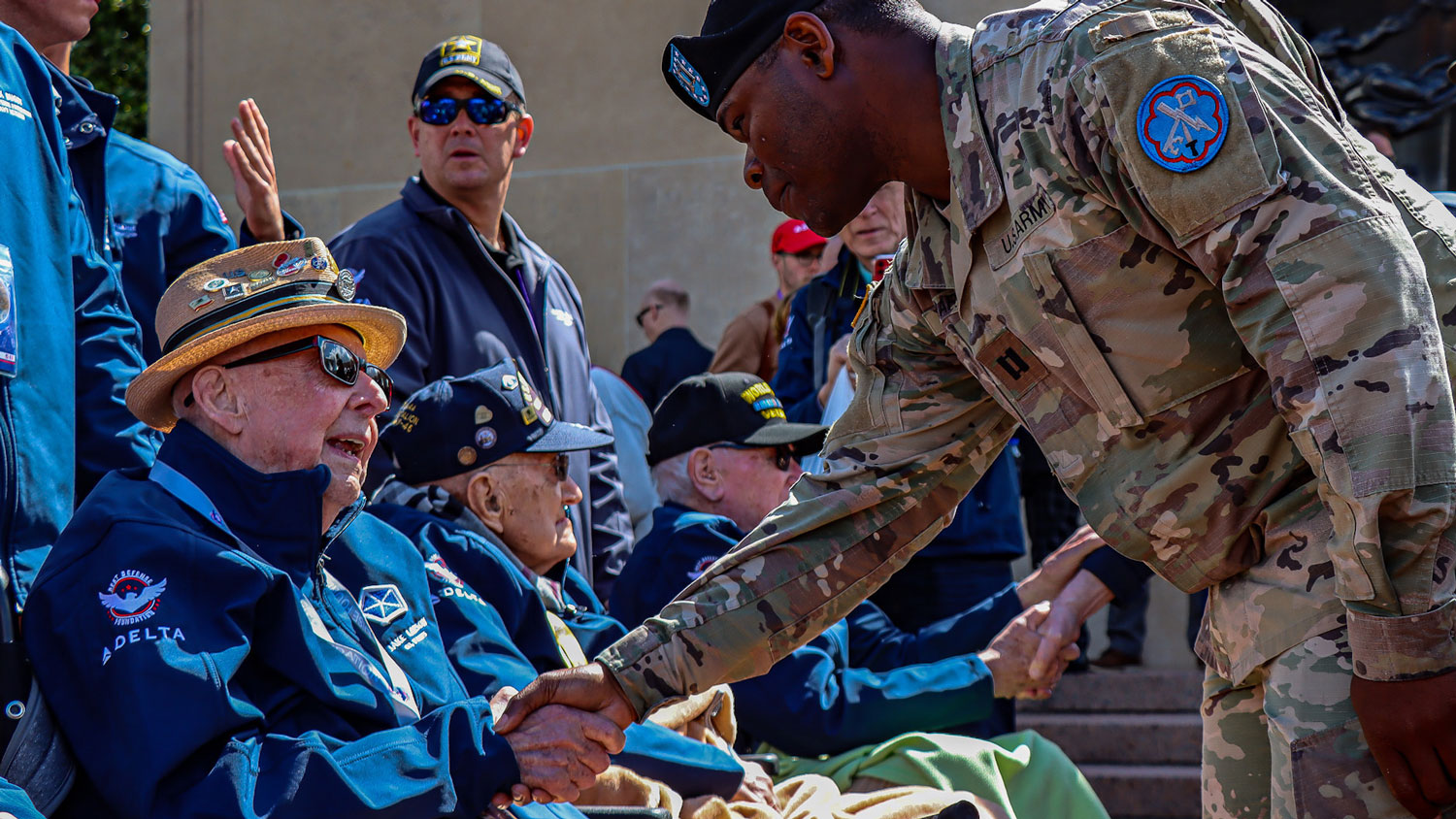 Image ID 7677337 Capt Willie Cowart shakes hands with WWII Army veteran Jake Larson at the final D-Day 78 ceremony at the Normandy American Cemetery, 6 June 2022 CREDIT US Department of Defense