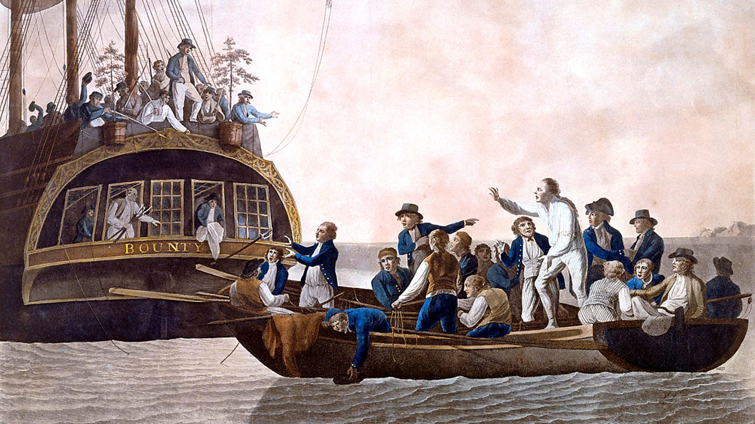 Image ID KPTWWR Mutiny on the Bounty, Fletcher Christian and the HMS Bounty mutineers turn Lieutenant William Bligh and 18 others adrift on 28 April 1789 CREDIT GL Archive Alamy Stock Photo