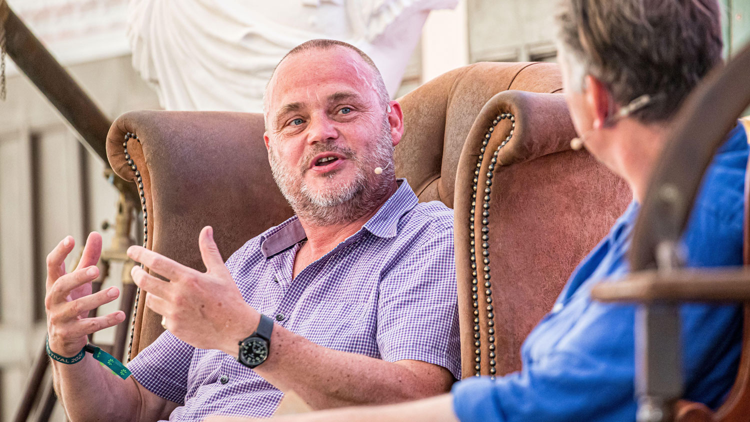 Image ID 2XEF5KB Comedian Al Murray and historian James Holland discuss WW2 on their podcast We Have Ways of Making You Talk live at the Chalke History Festival in June 2024 CREDIT John Rose Photography Alamy Stock Photo EXP 231124