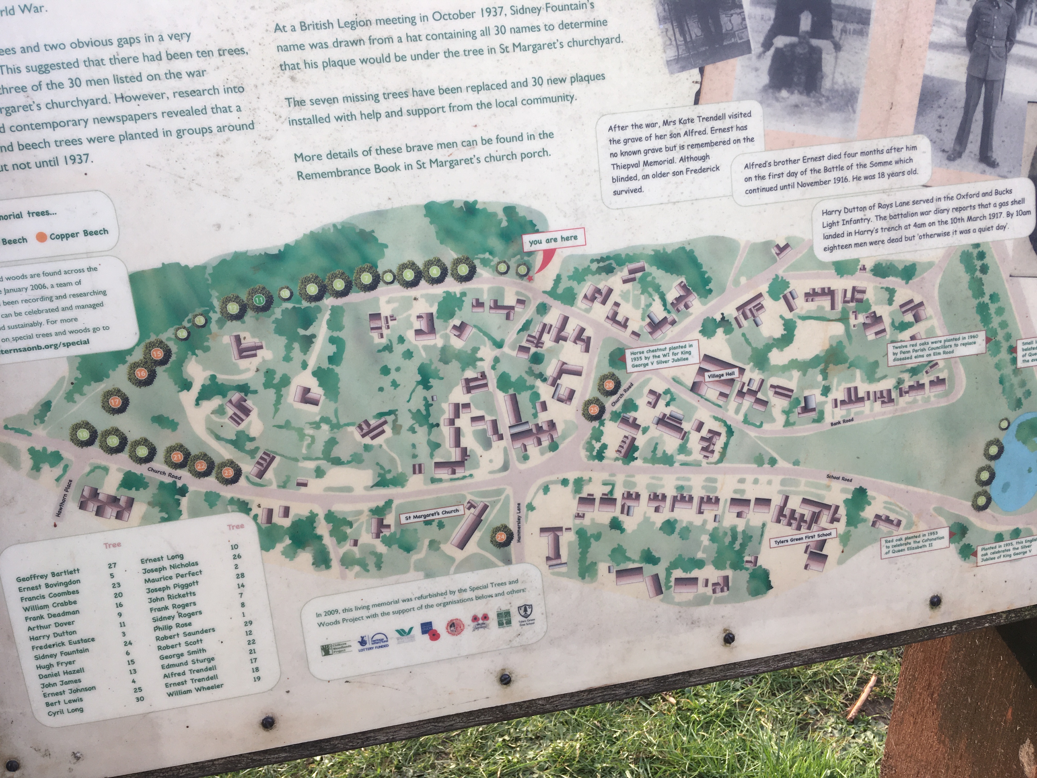 Information board with a Map of Tylers Green memorial trees