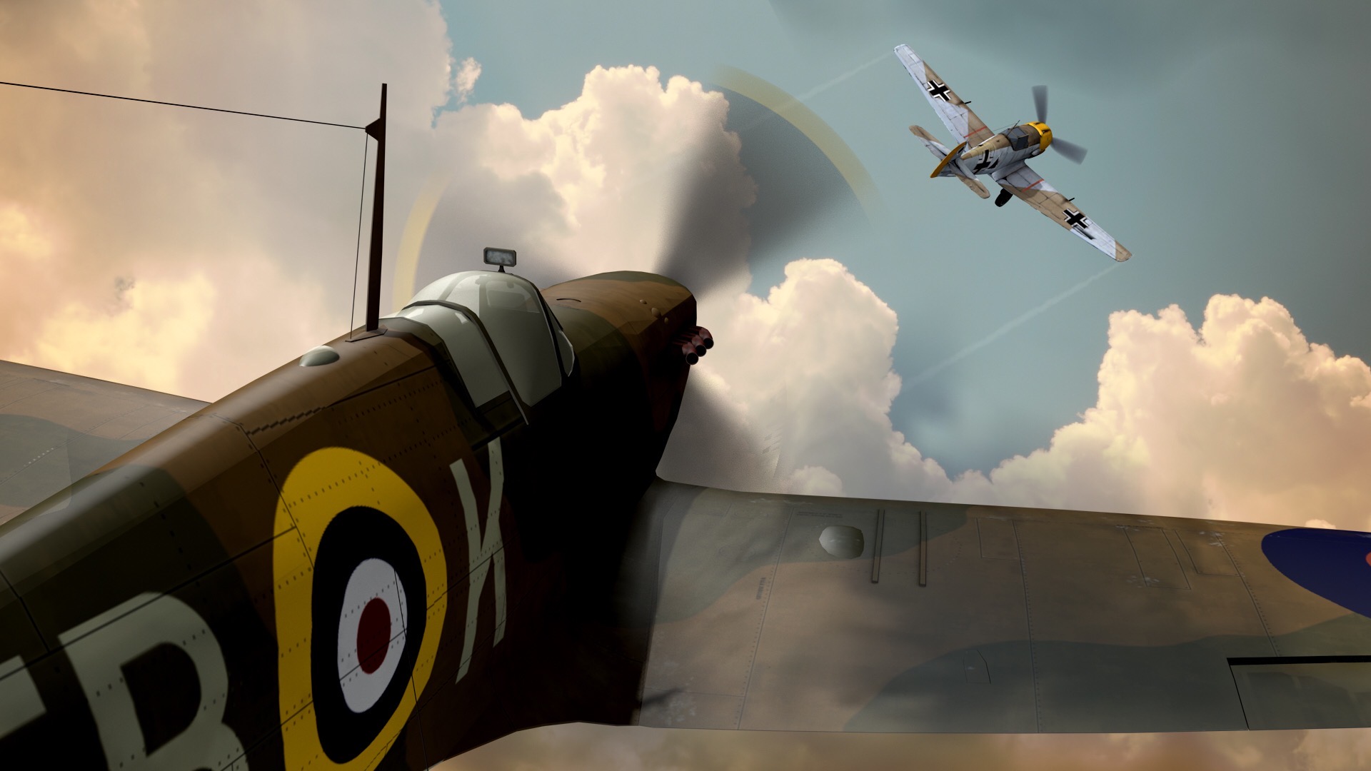 Illustration of Spitfire shooting at a Messerschmitt Bf109