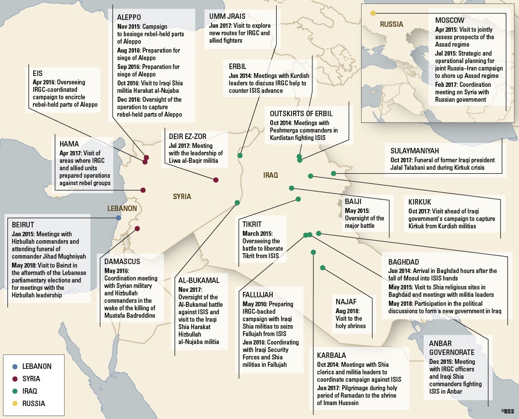 The reported presence of General Soleimani in Iraq, Lebanon, Syria and Russia from 2012 to 2018 (Picture: IISS).