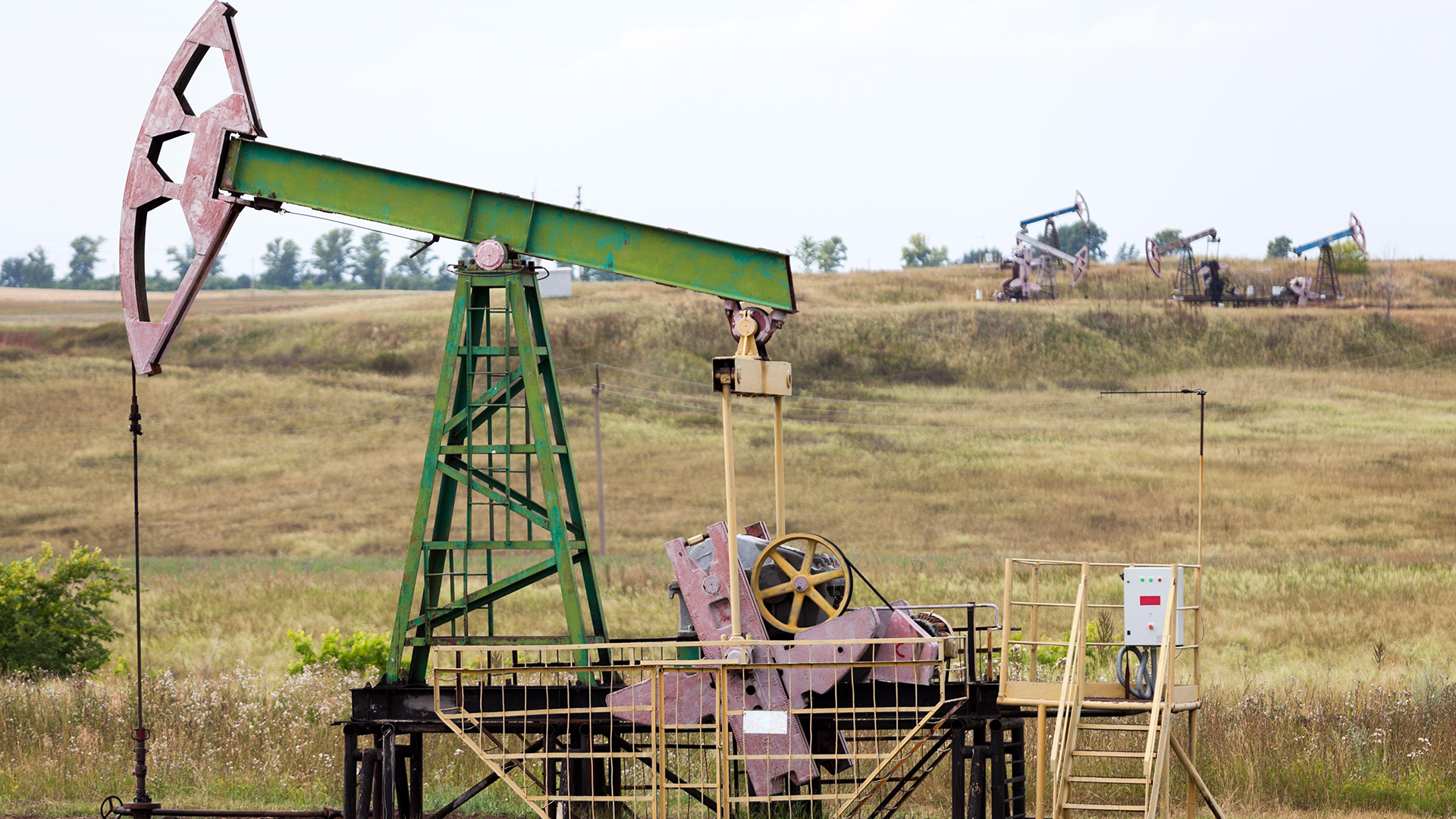 Oil pump jack in operation, meadows of Bashkortostan oil and gas industry (Picture: Alamy)