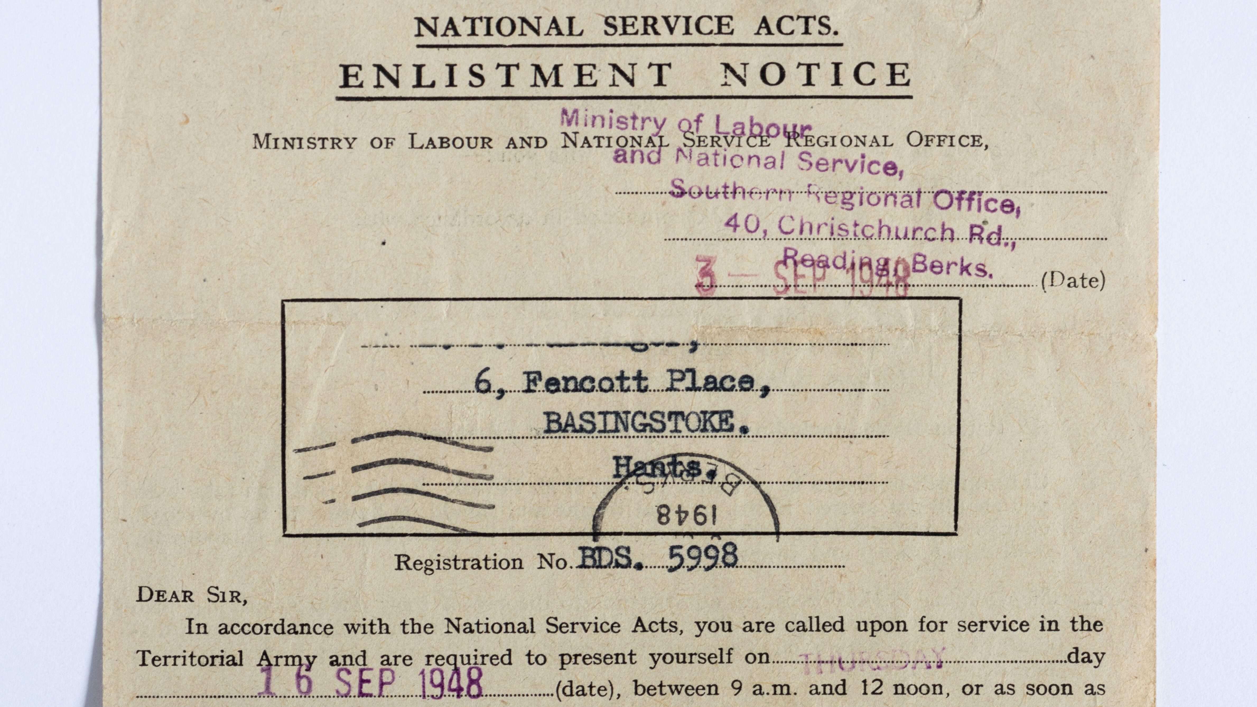 Image ID 2EFARNW Army national service enlistment notice from 1948 EXP 041123 CREDIT Alamy .jpg 