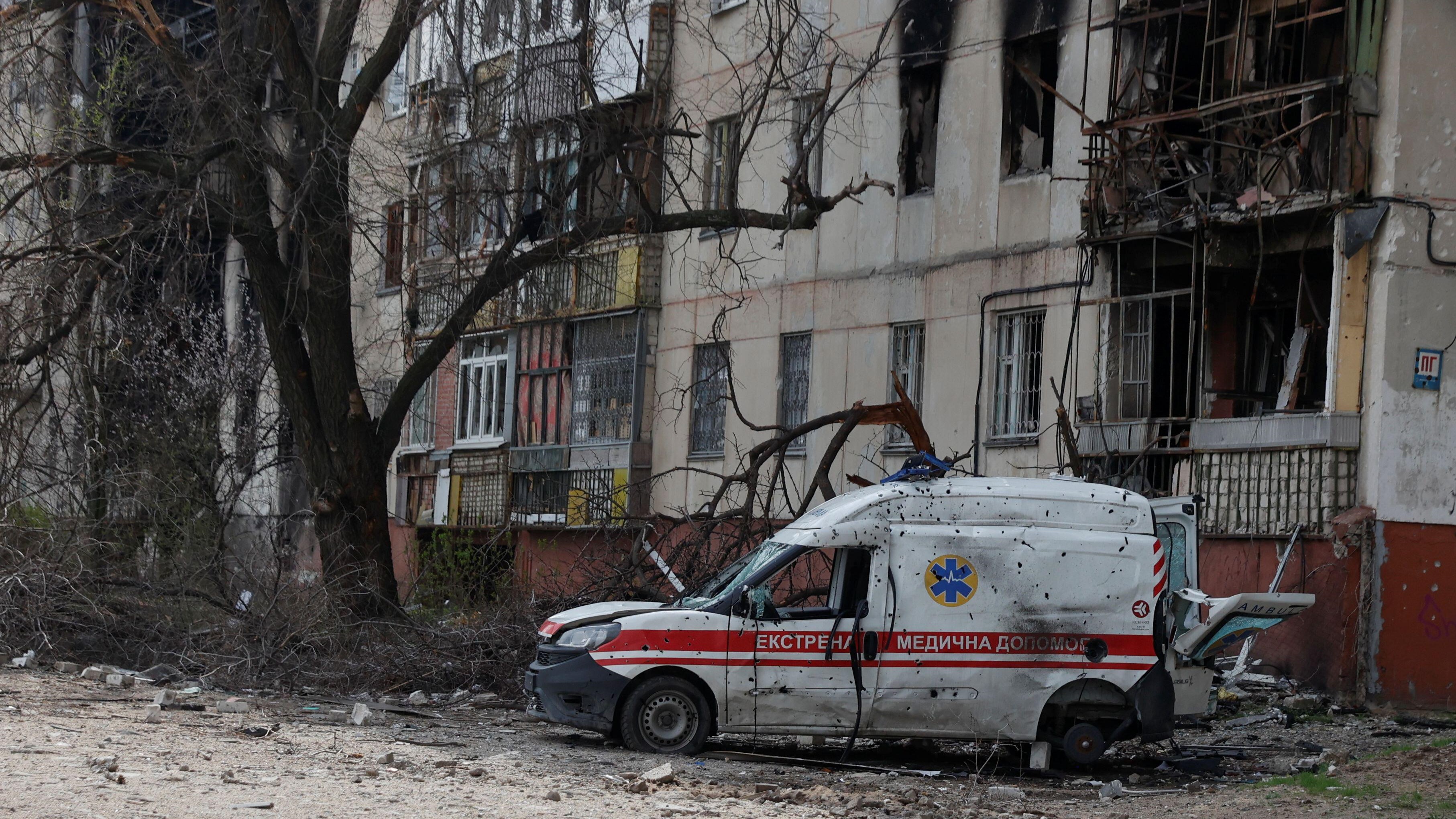 Ambulance damaged by Russian military strike in Sievierodonetsk, Luhansk region