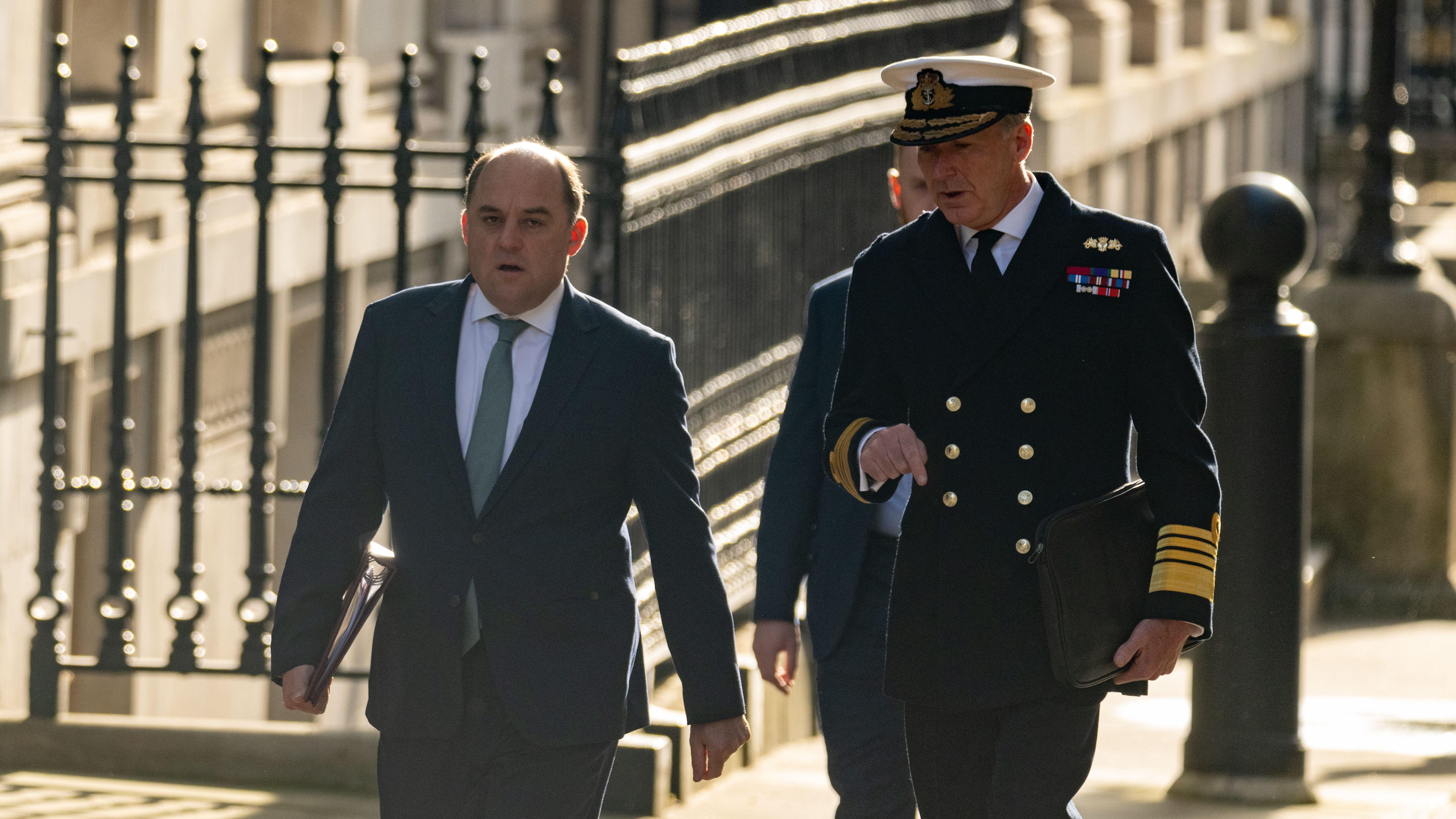 Image ID 2J51ENX Ben Wallace with CDS Admiral Sir Tony Radakin cabinet meeting at 10 Downing 19042022 CREDIT Ian Davidson,Alamy Stock Photo.jpg