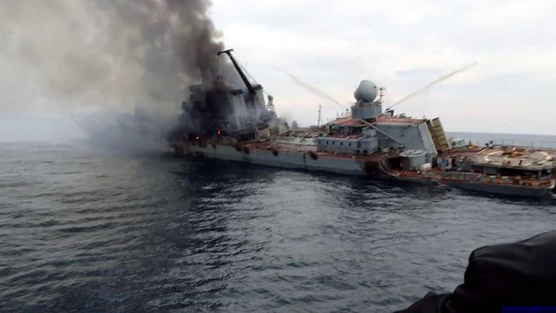 Flagship of the Russian Black Sea fleet, the Moskva, after hit by two Ukranian missiles