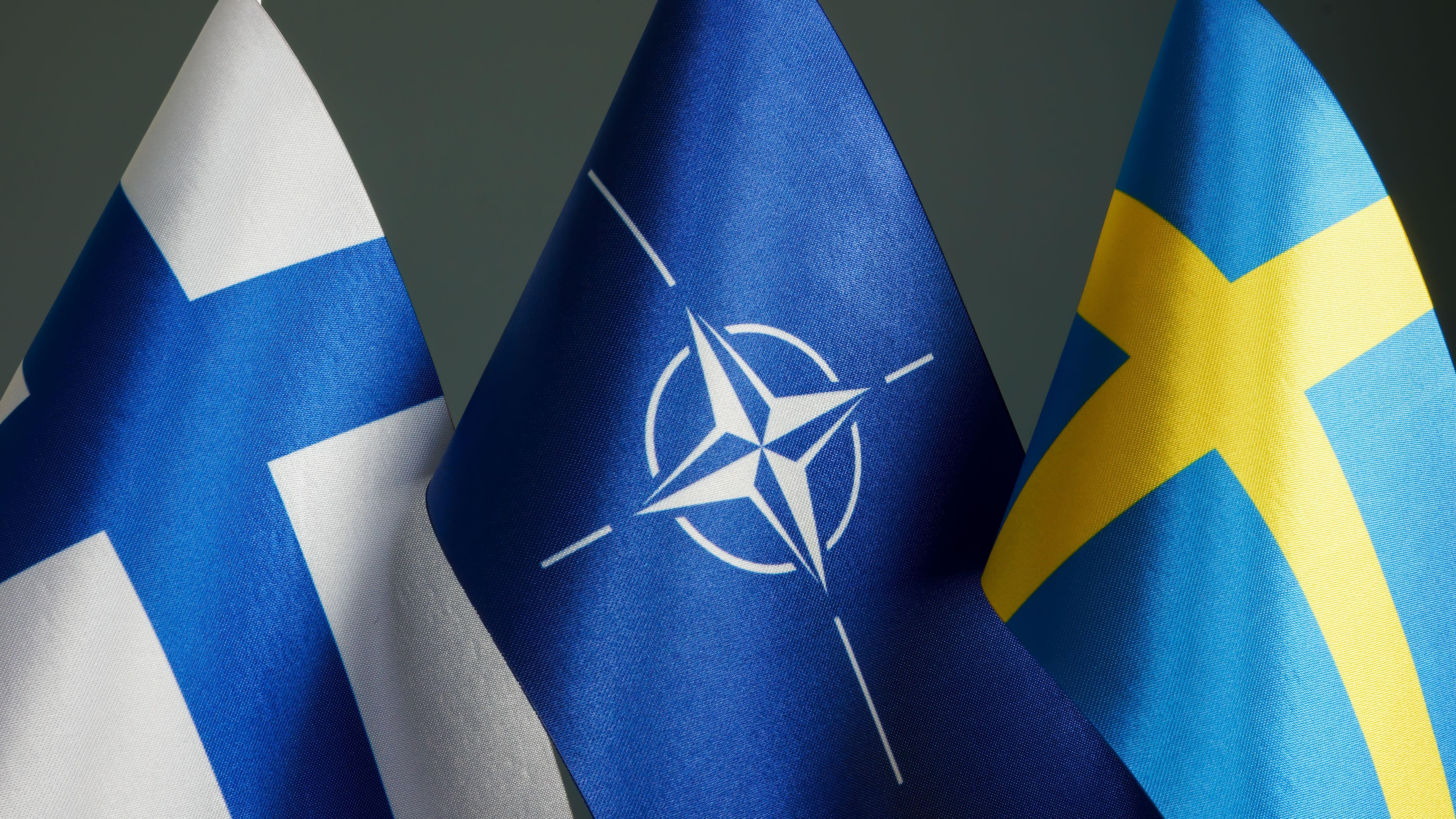 Image ID 2J78B7F Flags of Sweden, Finland and NATO 07052022 CREDIT Alamy Stock Photo.jpg