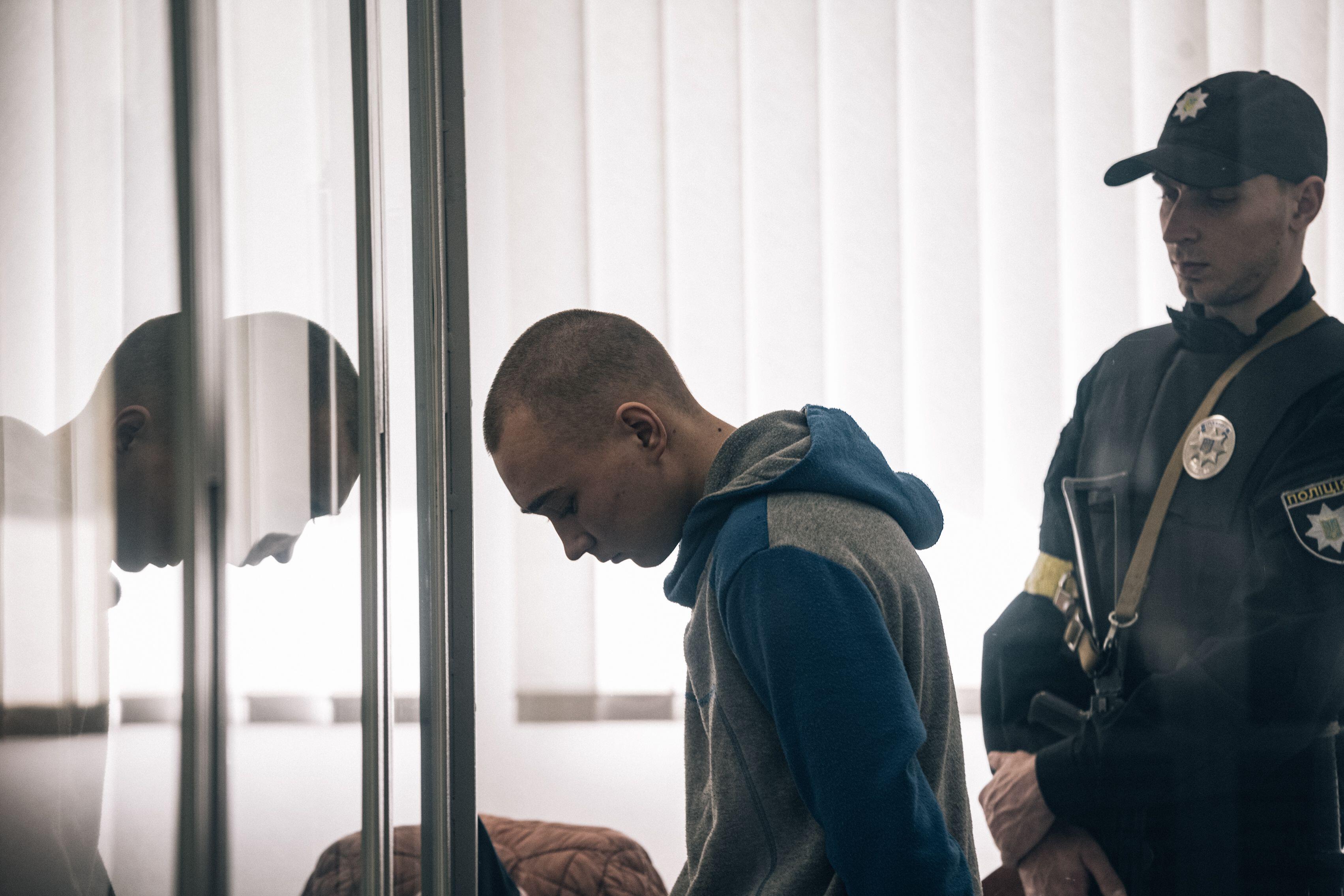 Second day of the trial of Sergeant VADIM CHICIMARIN, 21, for the murder of 62-year-old civilian Oleksander Chelipov, in the region of Soumy