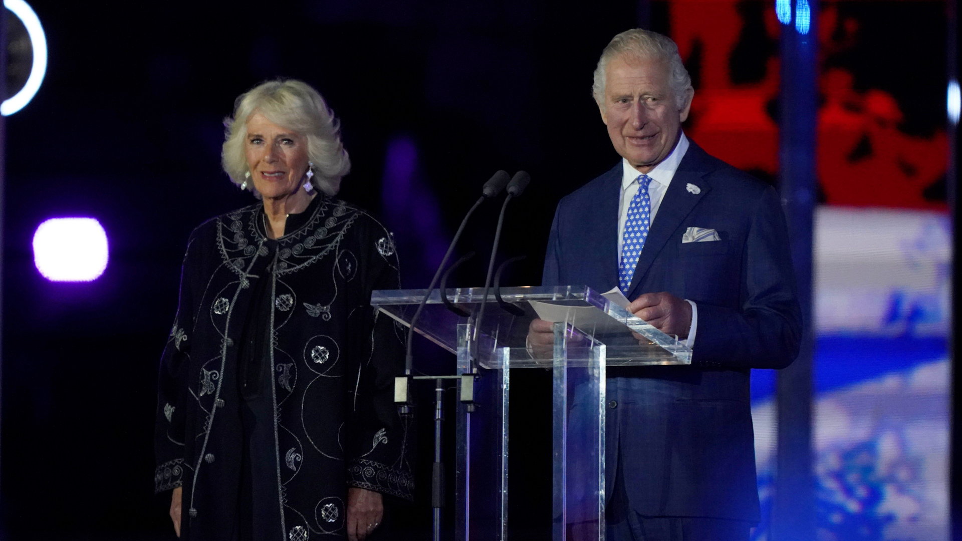Image ID 2JBB3GE Prince of Wales accompanied by Duchess of Cornwall speaks on stage during the Platinum Party at the Palace staged in front of Buckingham Palace 040622 CREDIT PA Images, Alamy Stock Photo