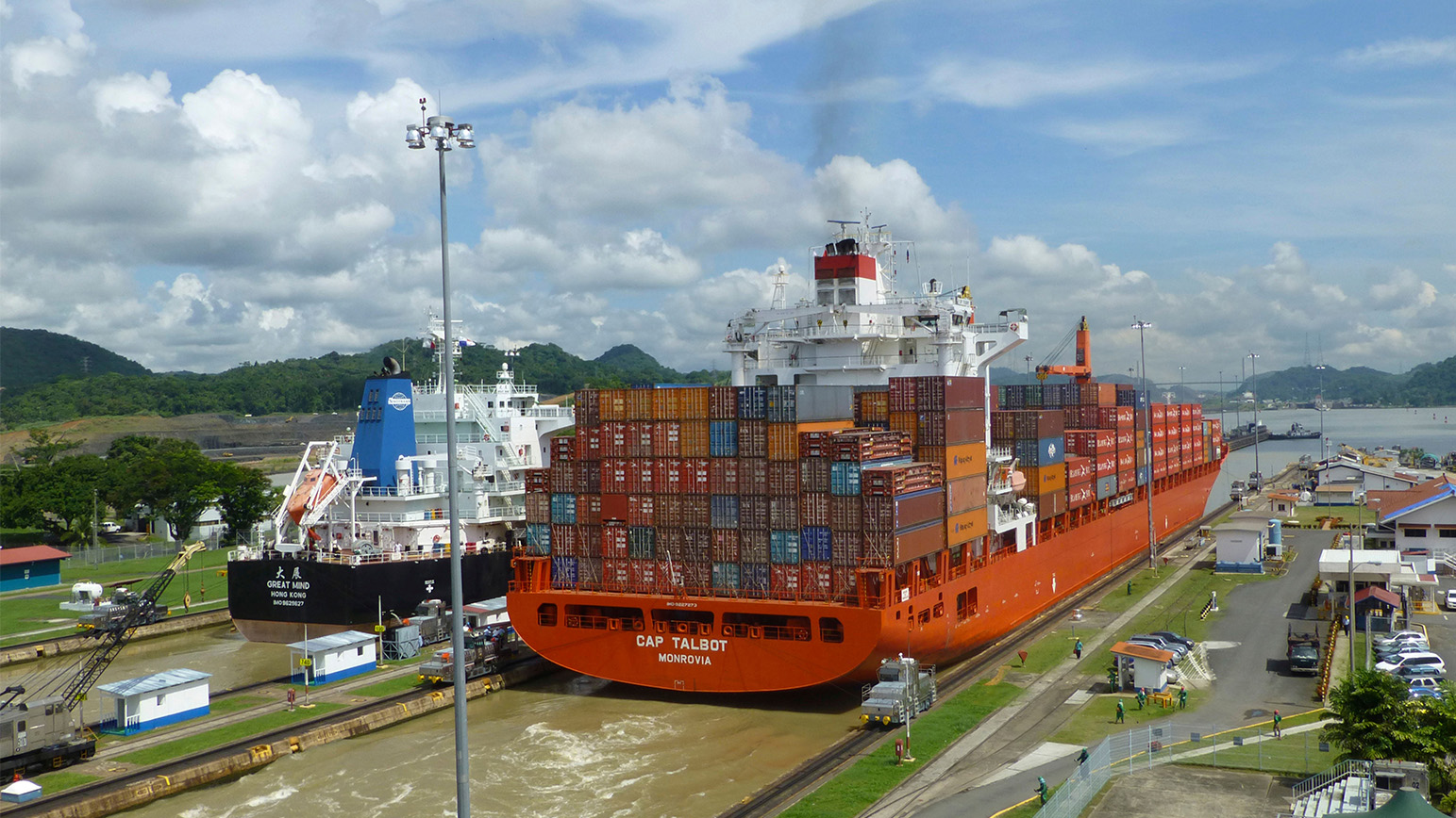 Container ship at the Miraflores Locks, Panama Canal