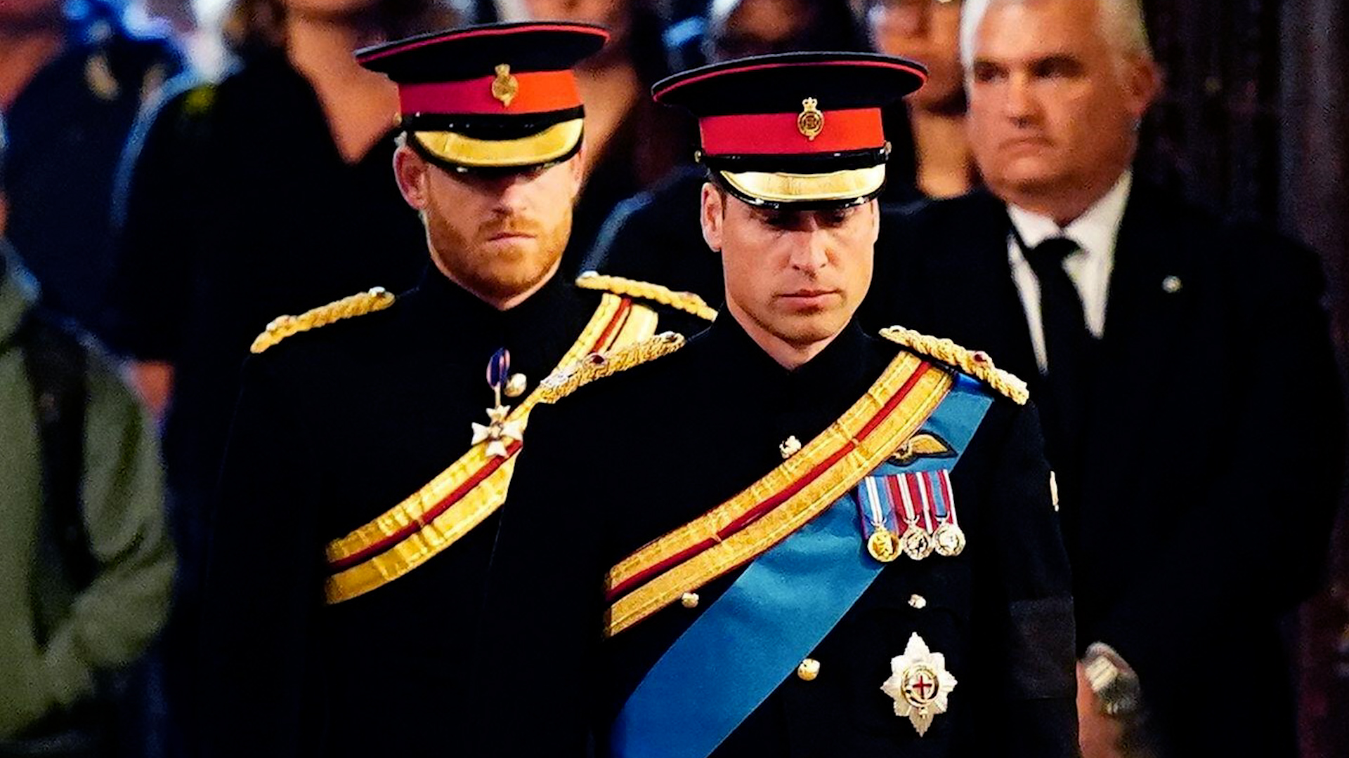 Image ID 2K1D02W The Prince of Wales (right) and the Duke of Sussex before holding a vigil beside the coffin of their grandmother, Queen Elizabeth II 17092022 CREDIT PA Images, Alamy.jpg