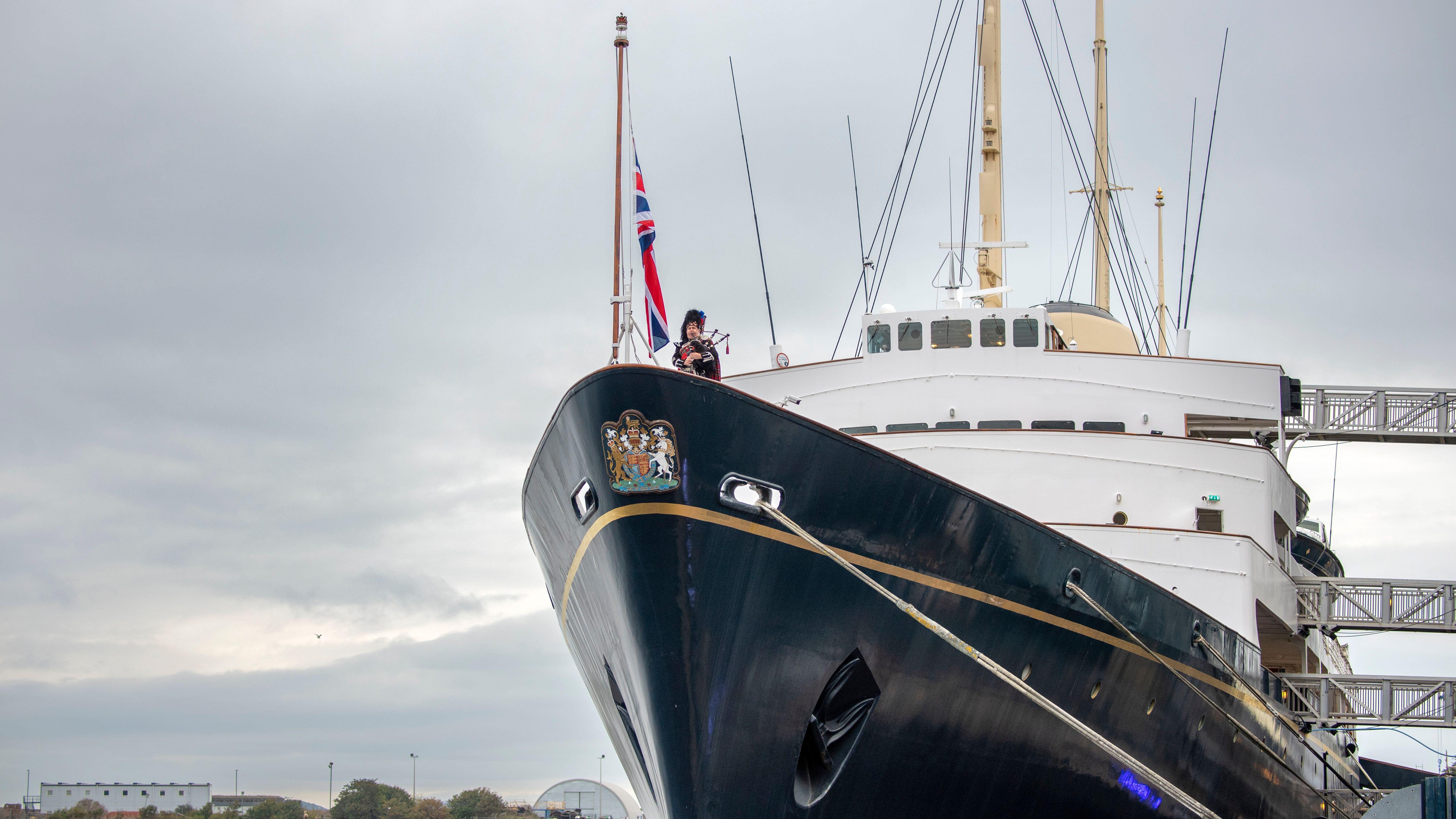Image ID 2K1JWE4 Piper aboard the Royal Yacht Britannia, moored in Leith, Edinburgh PA Alamy 19092022 EXP 07112023.jpg