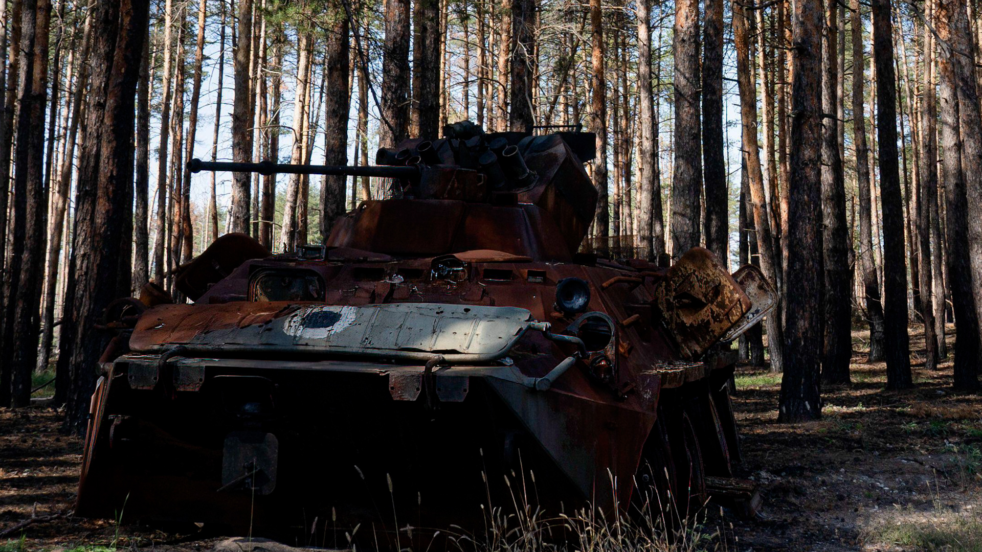 A destroyed Russian tank with the letter 'O' seen in Sviati Hory National Park, Donetsk region