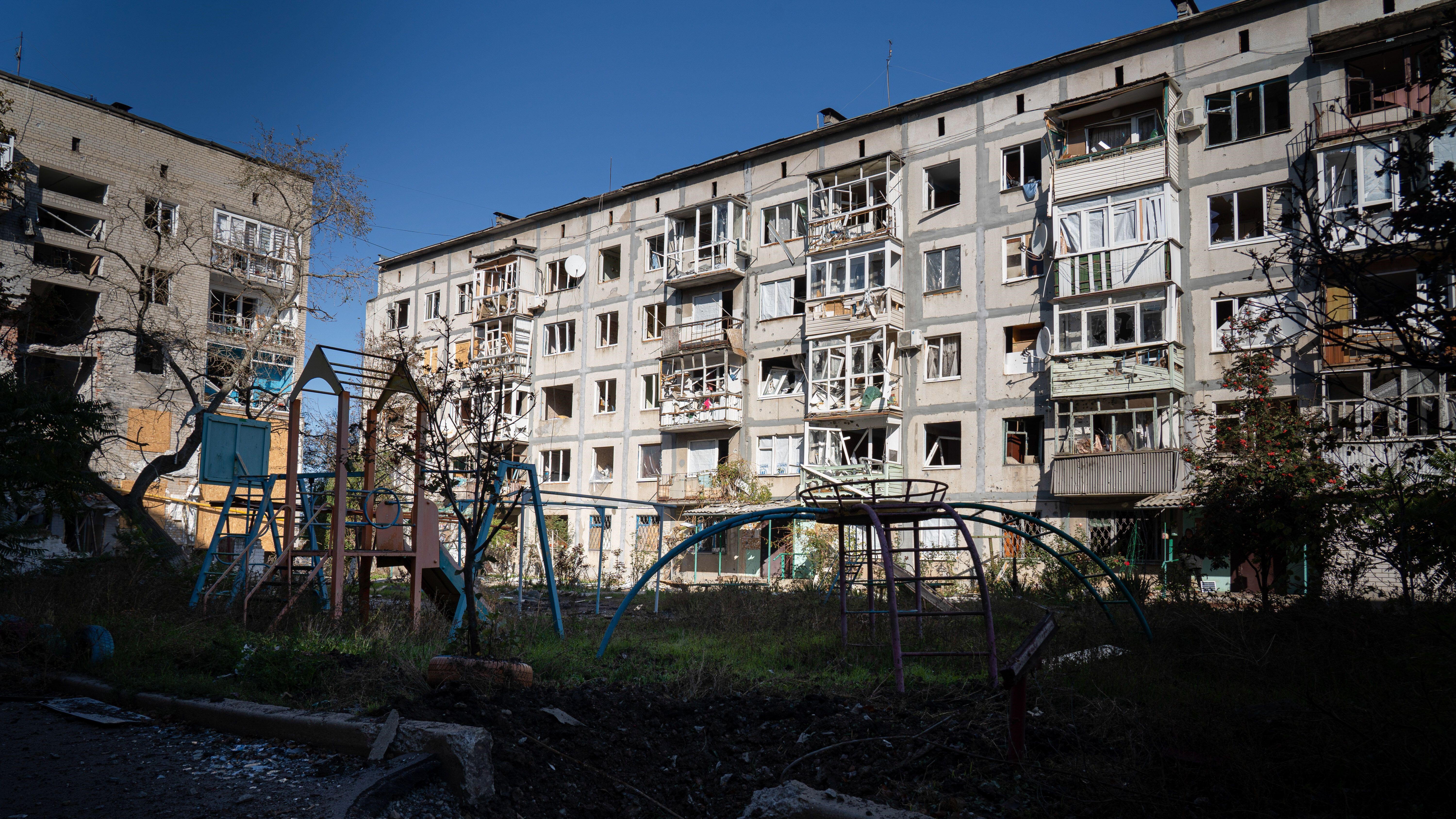 Destroyed residential buildings seen in Bakhmut (Picture: Ashley Chan/SOPA/Zuma Press Wire).