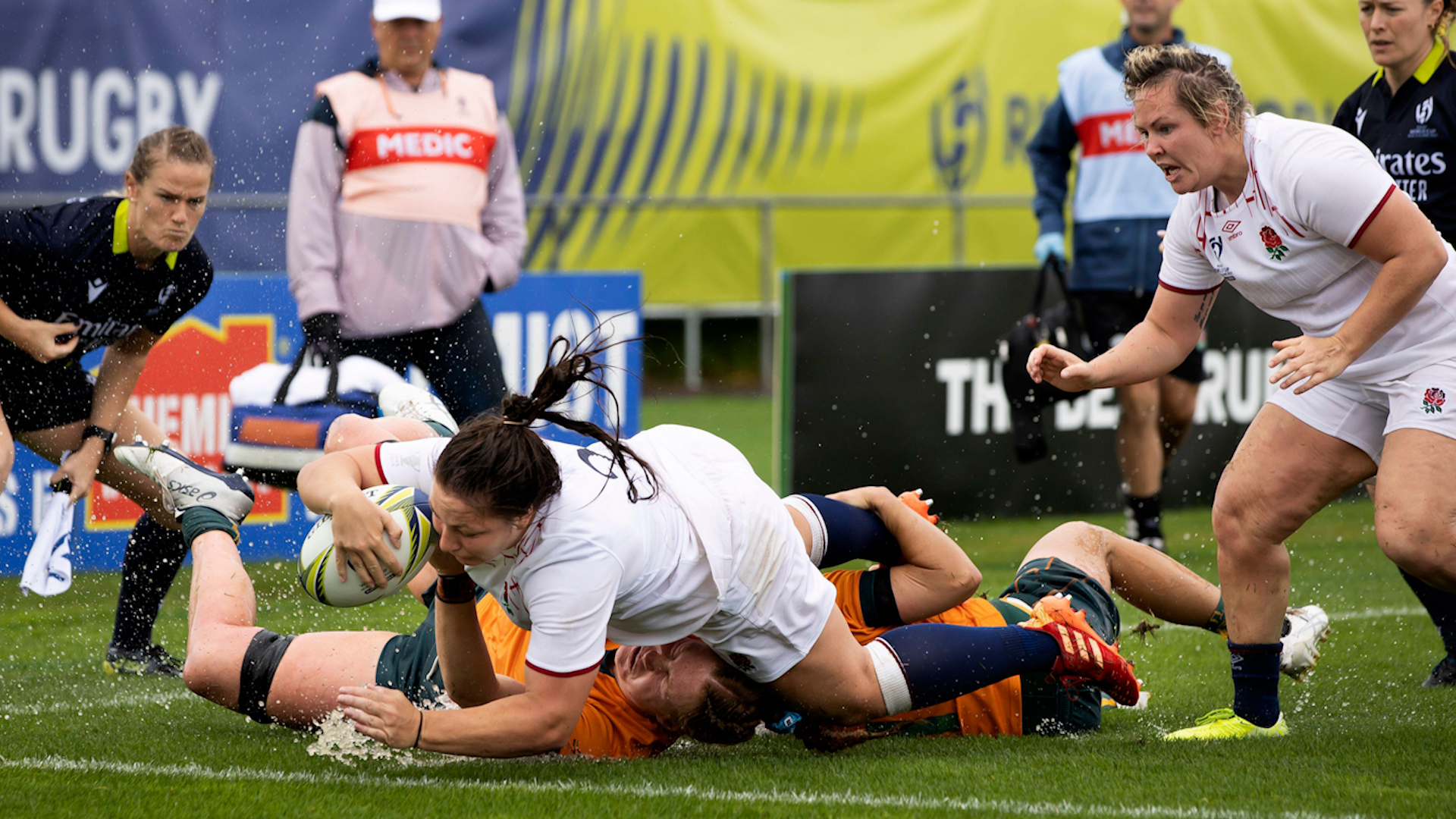 RAF and England's Amy Cokayne dives over to score a try during the Women's Rugby World Cup Quarter final