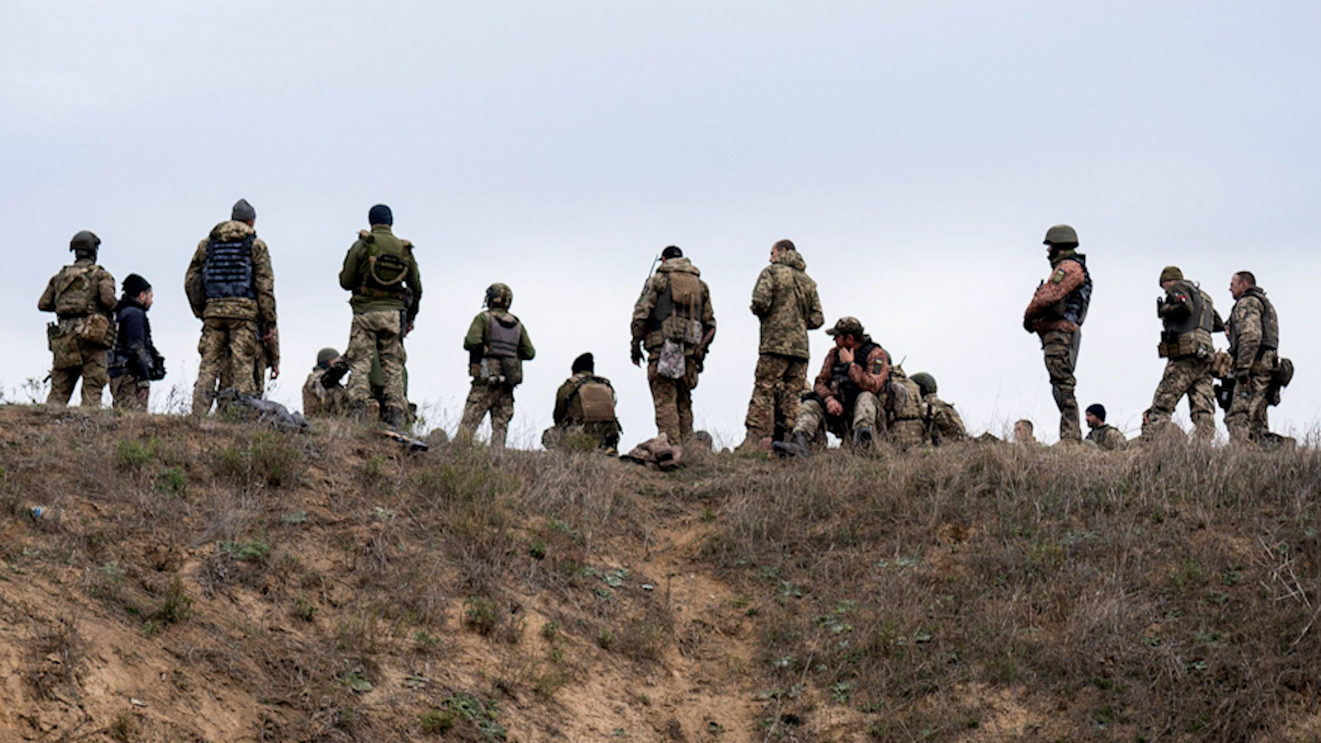 Ukrainian soldiers having a debriefing after military training simulating counteroffensive to recapture Kherson