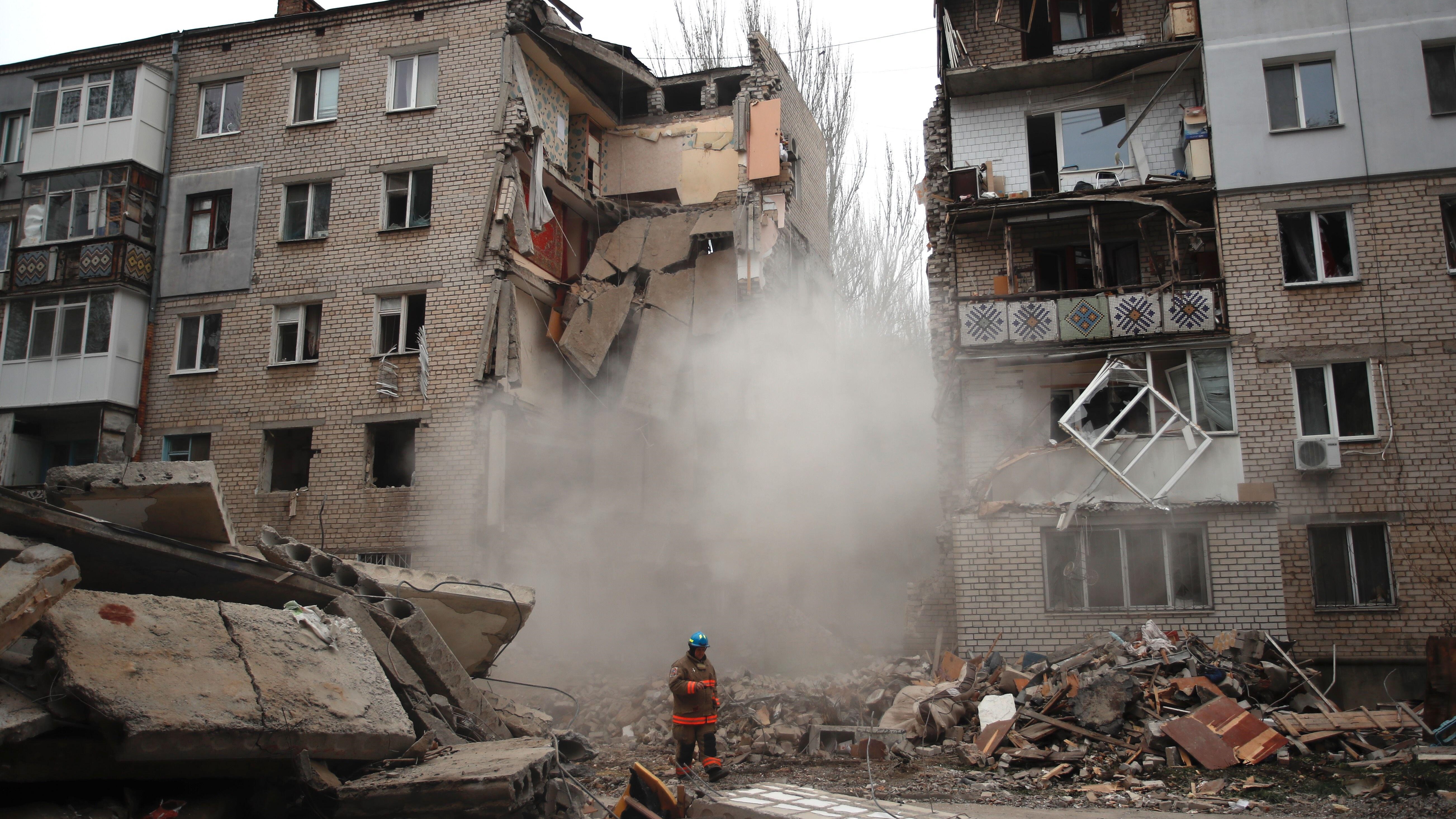 Residential building collapses as it was hit by a Russian S-300 missile in Mykolaiv, Ukraine