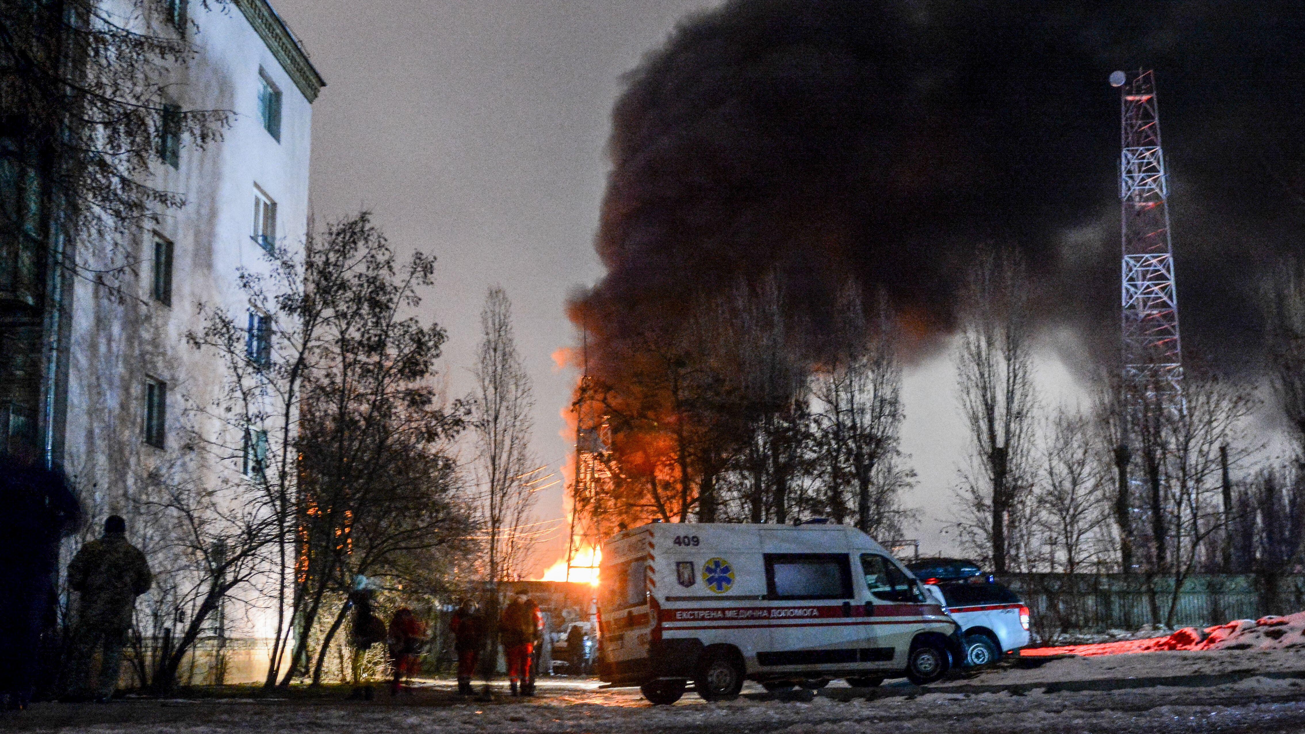 A power infrastructure object burns after Russian drone attack near a residential building in Kyiv (Picture: SOPA Images, Alamy Live News).