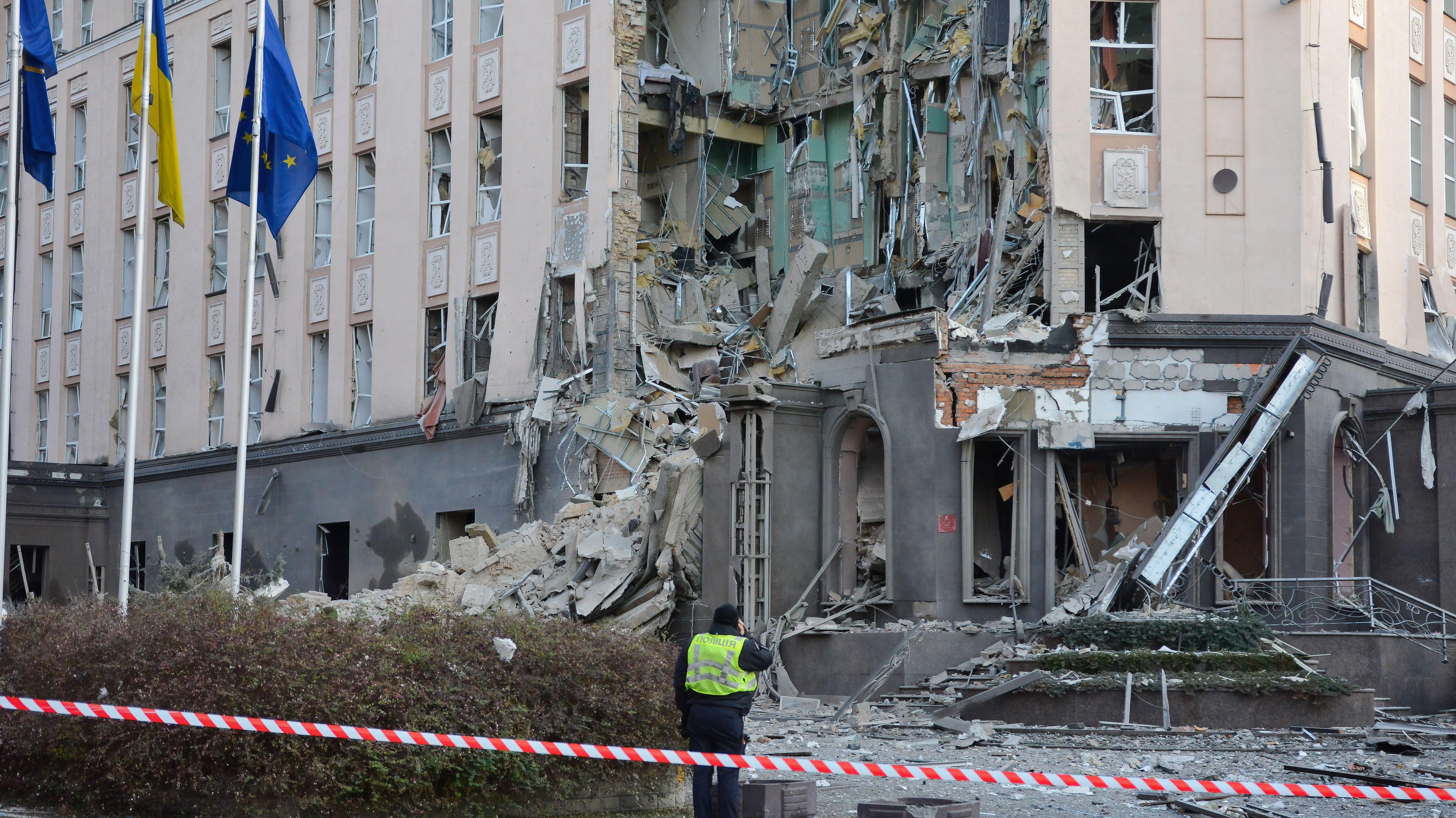 Image ID 2M673FA damage after rockets fired by Russian forces hit the center of Ukrainian capital Kyiv 31122022 CREDIT SOPA Images Limited Alamy Live News EXP 07012024.jpg