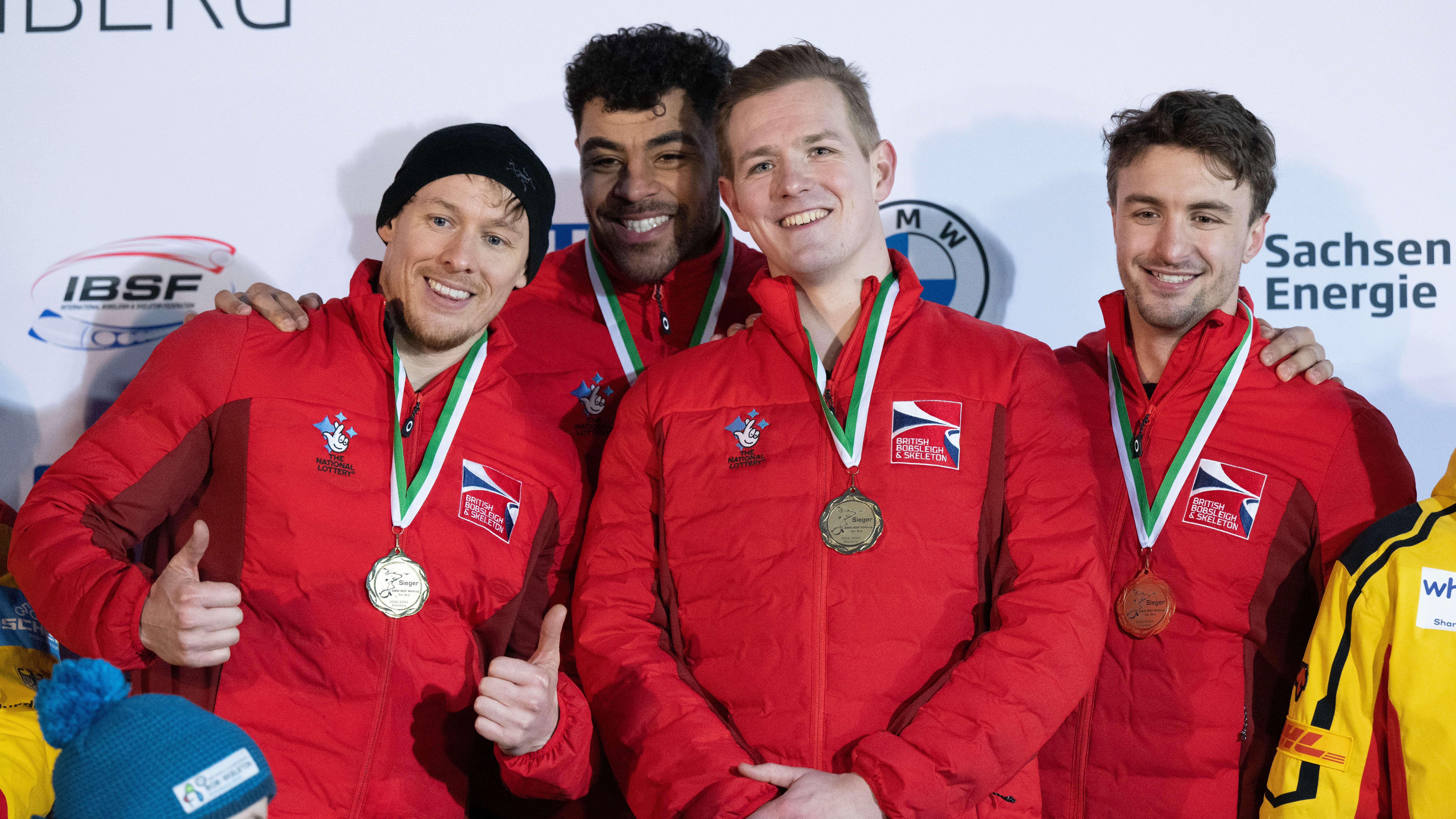 Image ID 2M8T34N Cackett (l-r), Taylor Lawrence, Hall, Gulliver, Team GB Gold bobsleigh 15012023 Picture Sebastian Kahnert,dpa,Alamy EXP 16012023