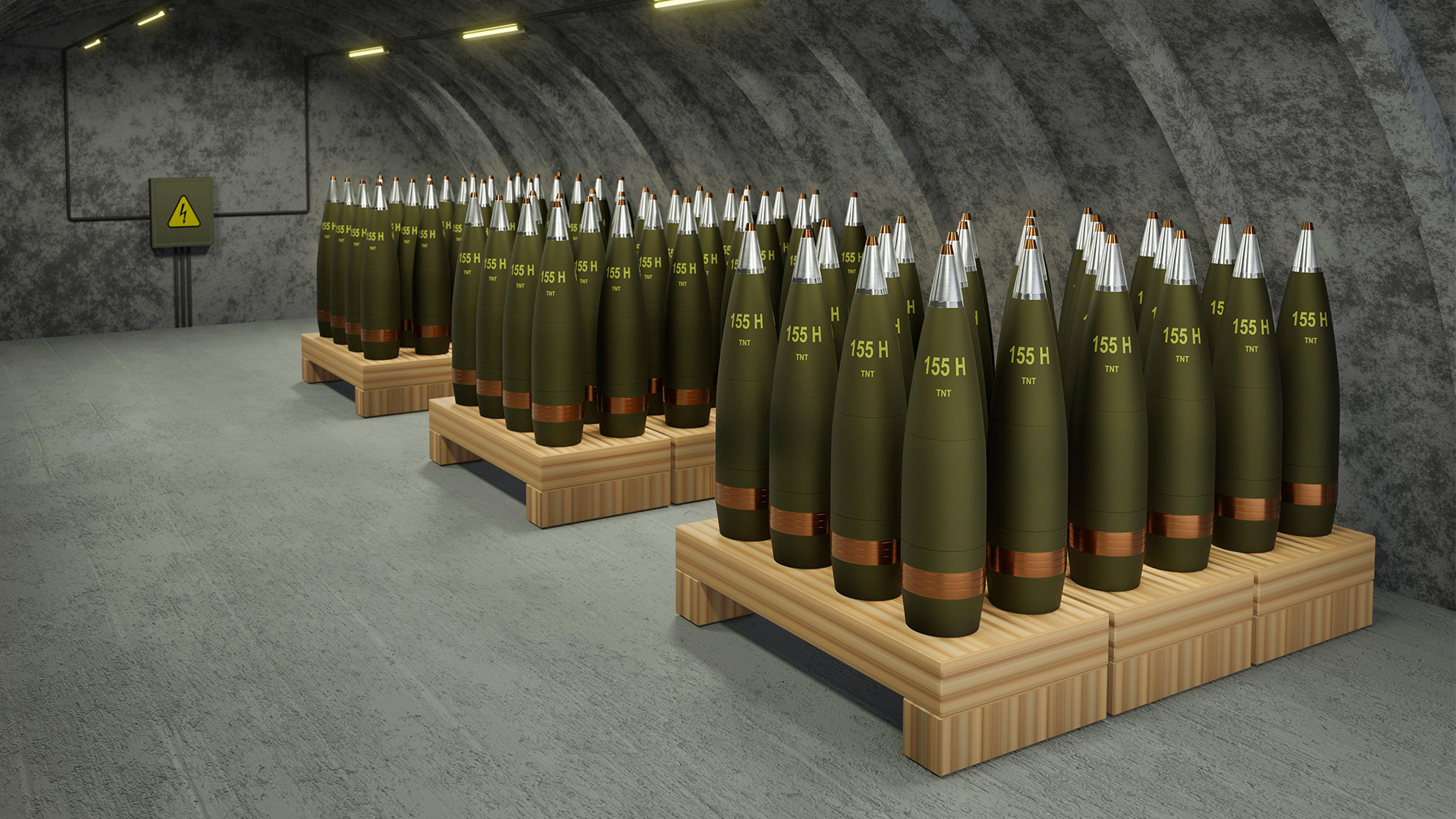 Image ID 2NH178G Underground military storage of 155mm artillery gun shells  3D rendering 190223 CREDIT ALAMY