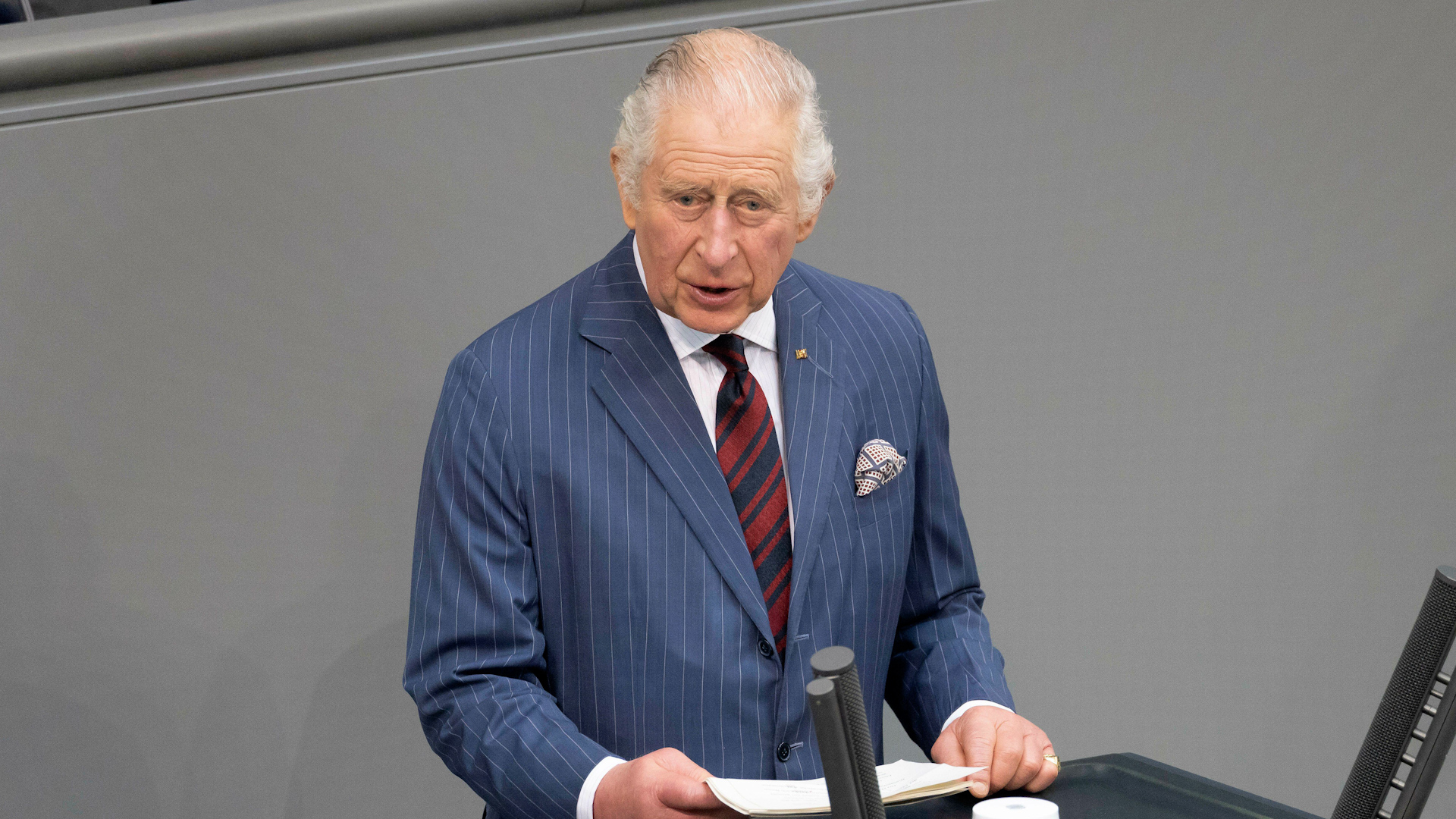 The King wears a Royal Engineers tie as he becomes the first British monarch to address the Bundestag