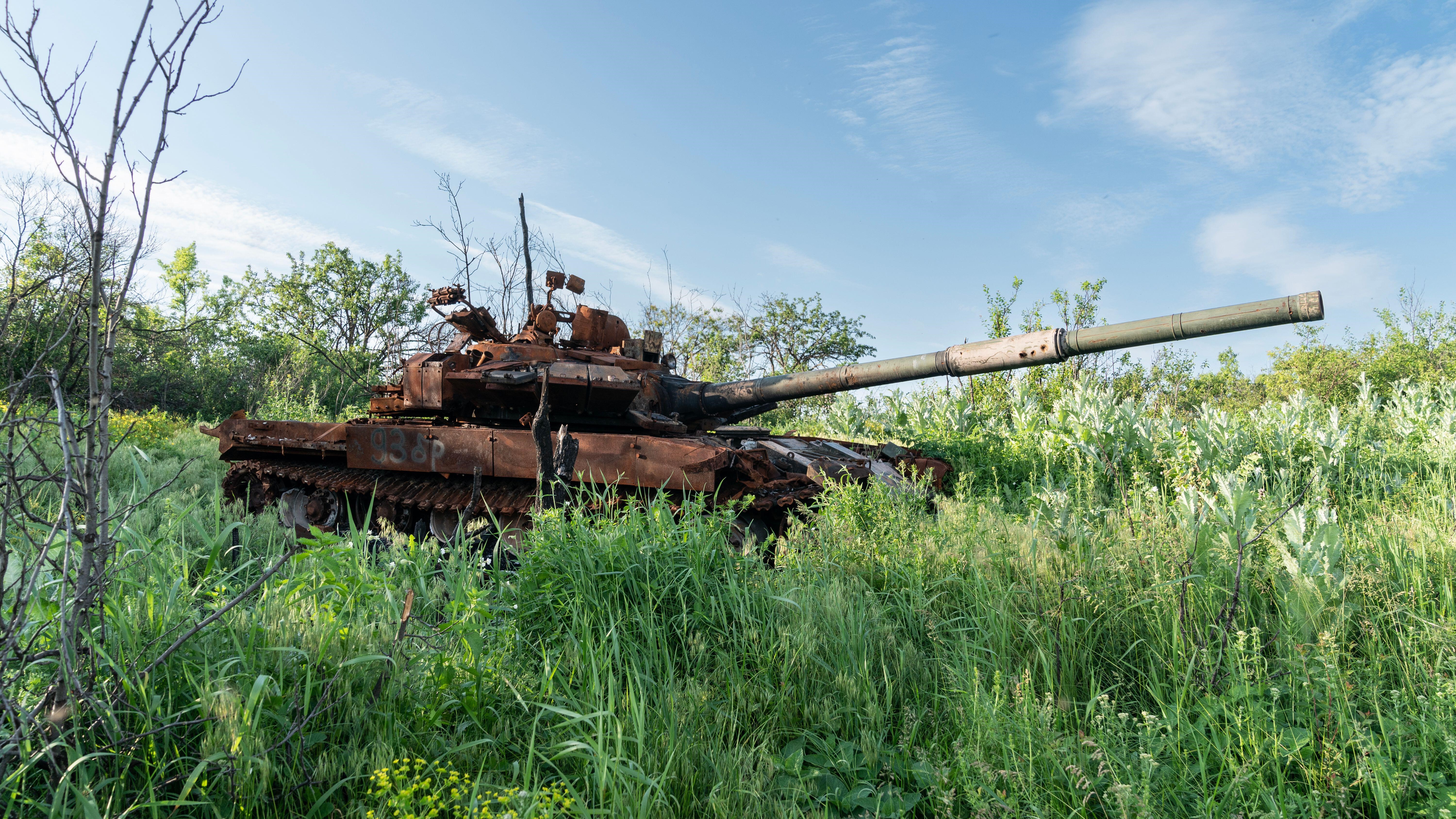 A destroyed Russian tank in the Donetsk region
